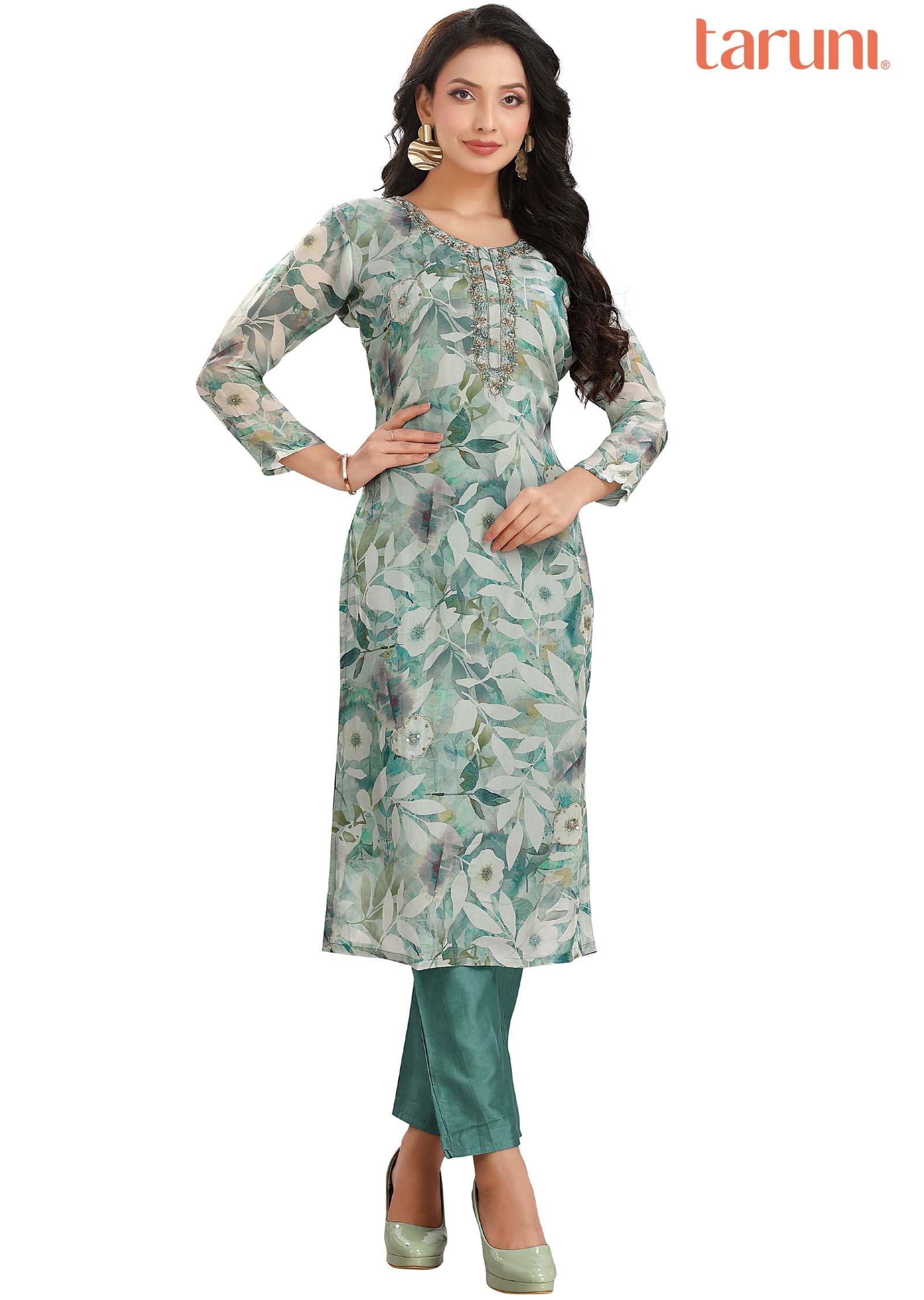 Dusty Green Organza Embroidered Kurti Sets