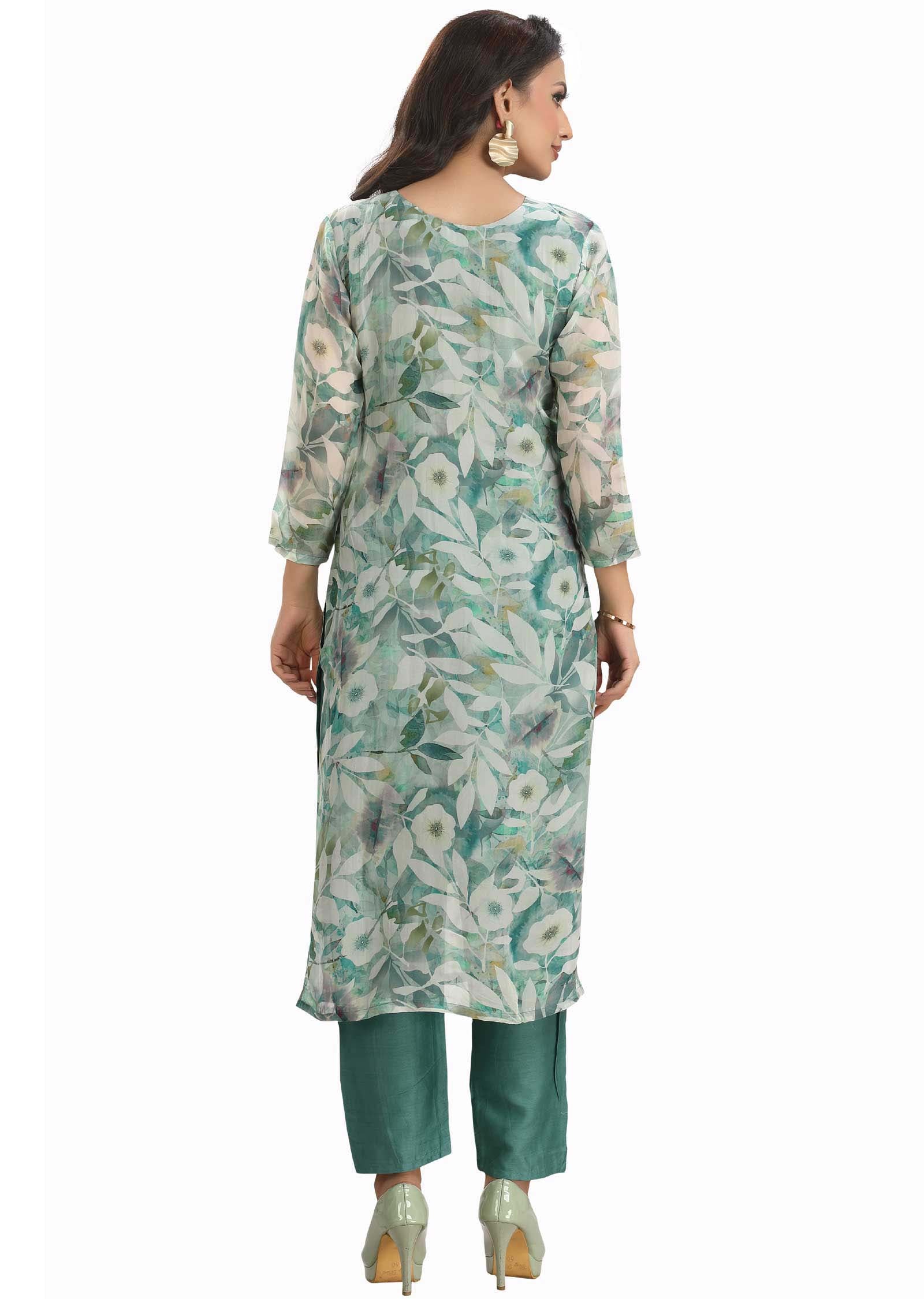 Dusty Green Organza Embroidered Kurti Sets