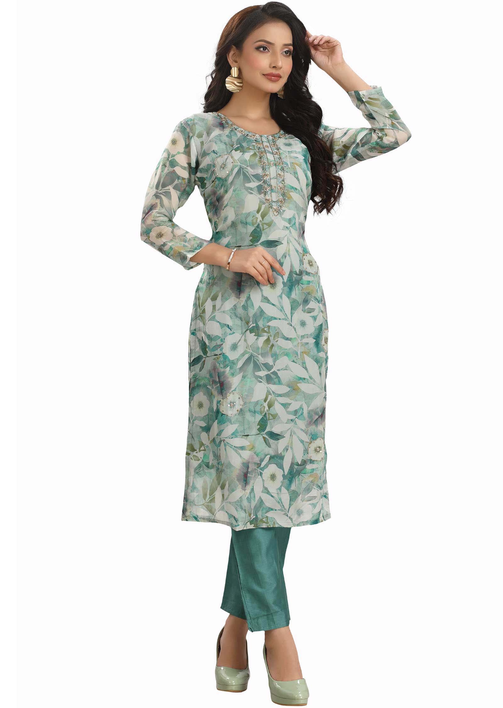 Dusty Green Organza Embroidered Kurti Sets