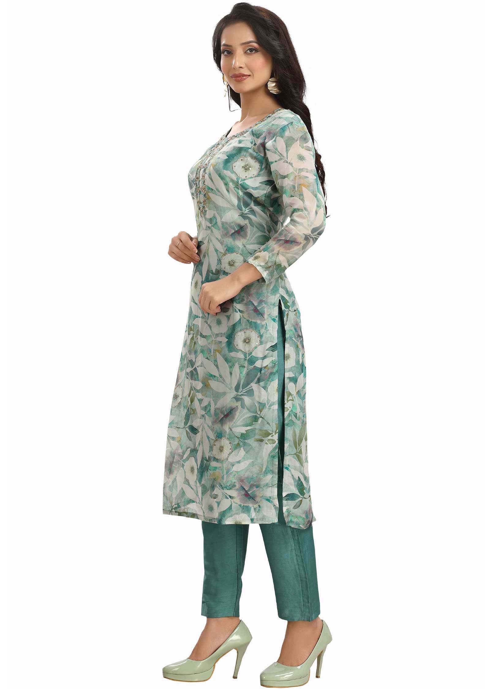 Dusty Green Organza Embroidered Kurti Sets