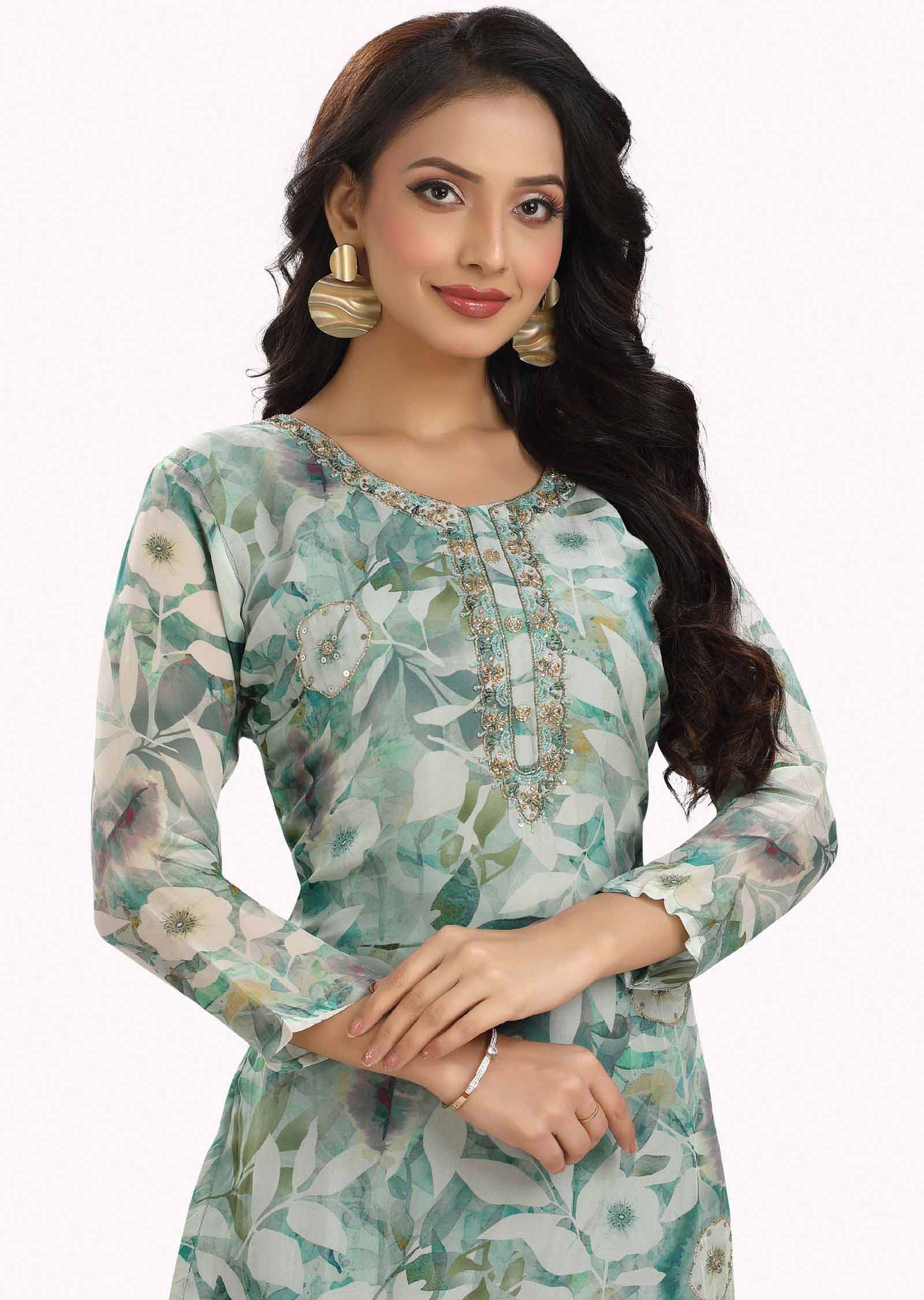 Dusty Green Organza Embroidered Kurti Sets