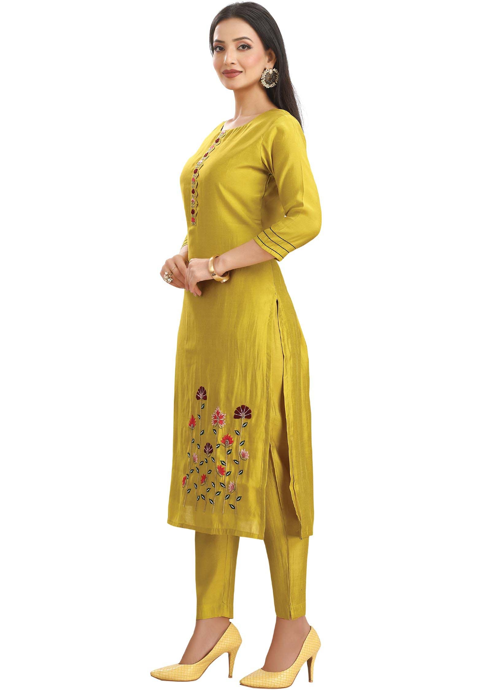 Lime Green Chanderi Kurti Sets