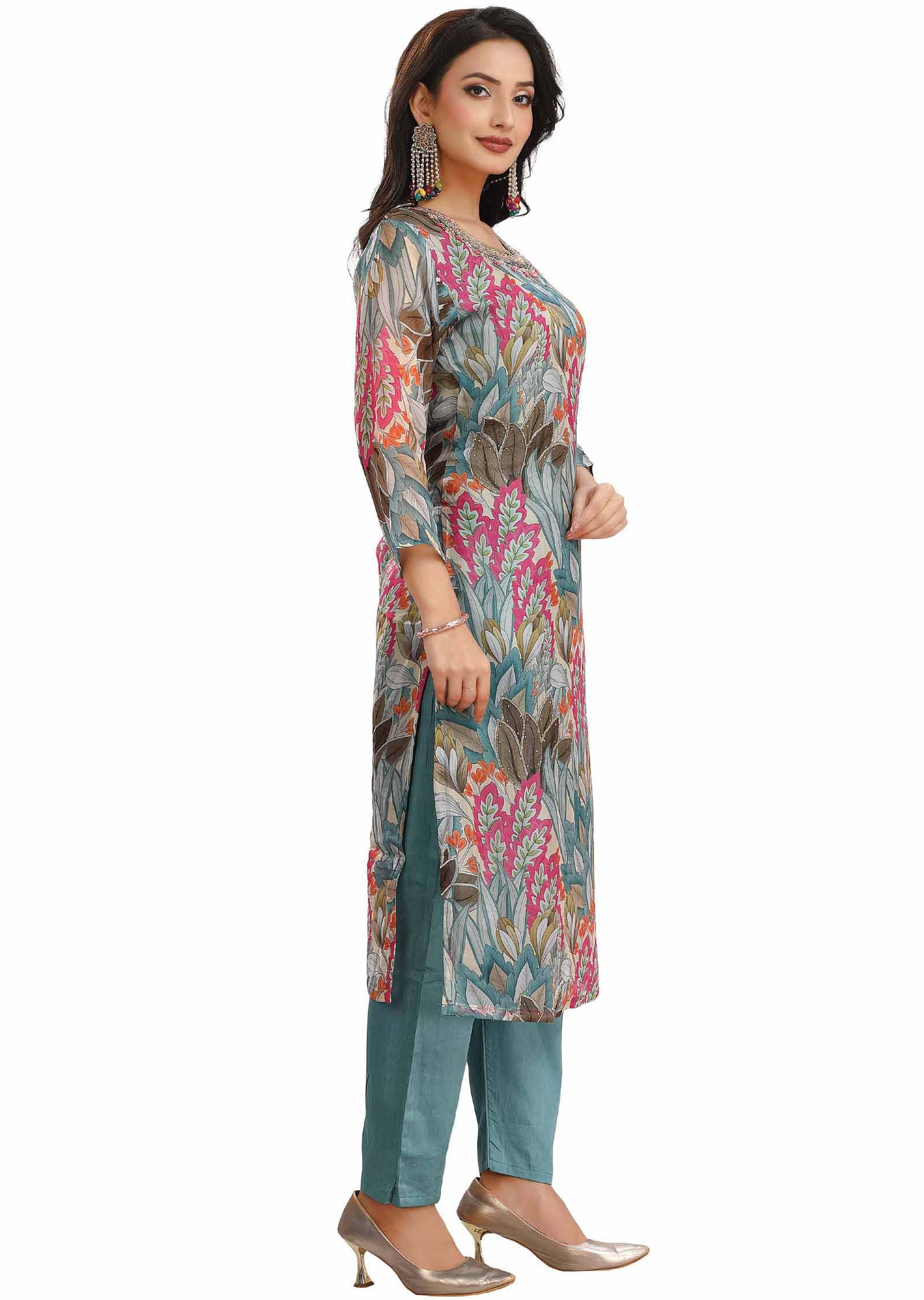 Dusty Blue & Multi Color Organza Embroidered Kurti Sets