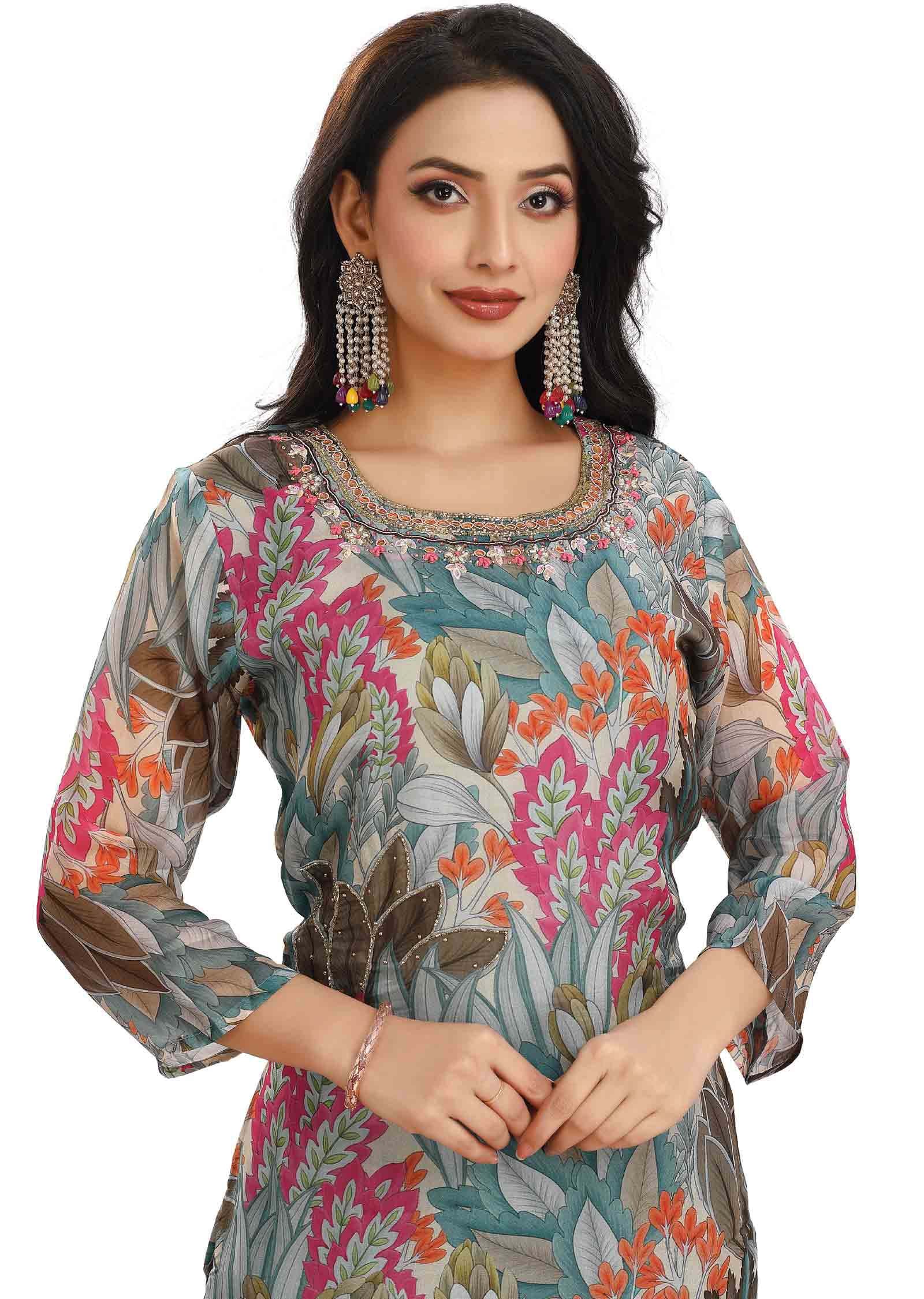 Dusty Blue & Multi Color Organza Embroidered Kurti Sets