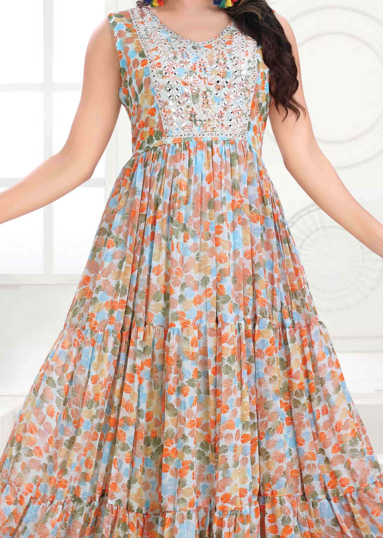 Light Blue Georgette Printed Kurti Full legth