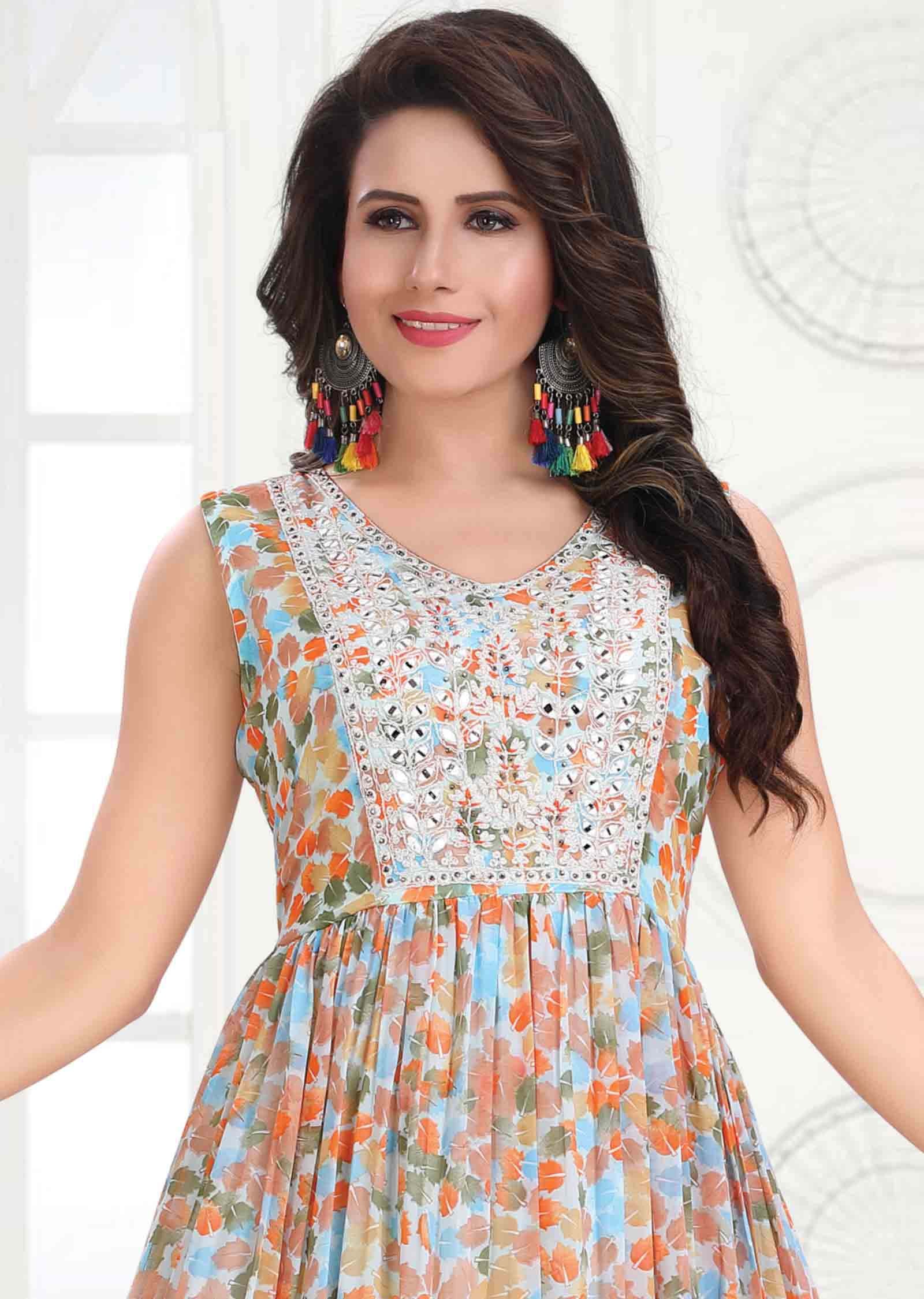 Light Blue Georgette Printed Kurti Full legth