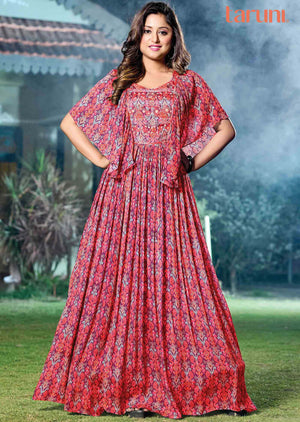 Rani Pink Chinnon Embroidered Kurti Full legth