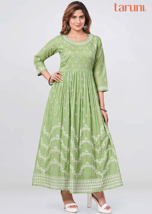 Parrot Green Cotton Sequins Kurti Full legth