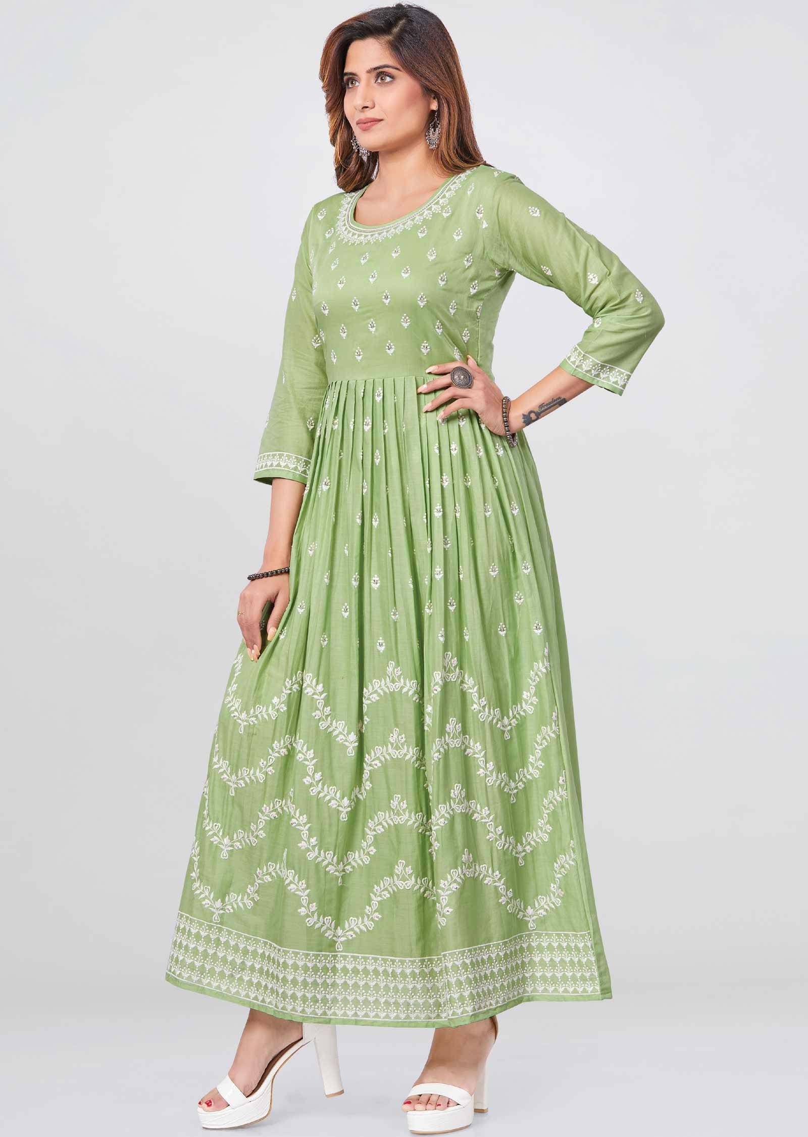 Parrot Green Cotton Sequins Kurti Full legth