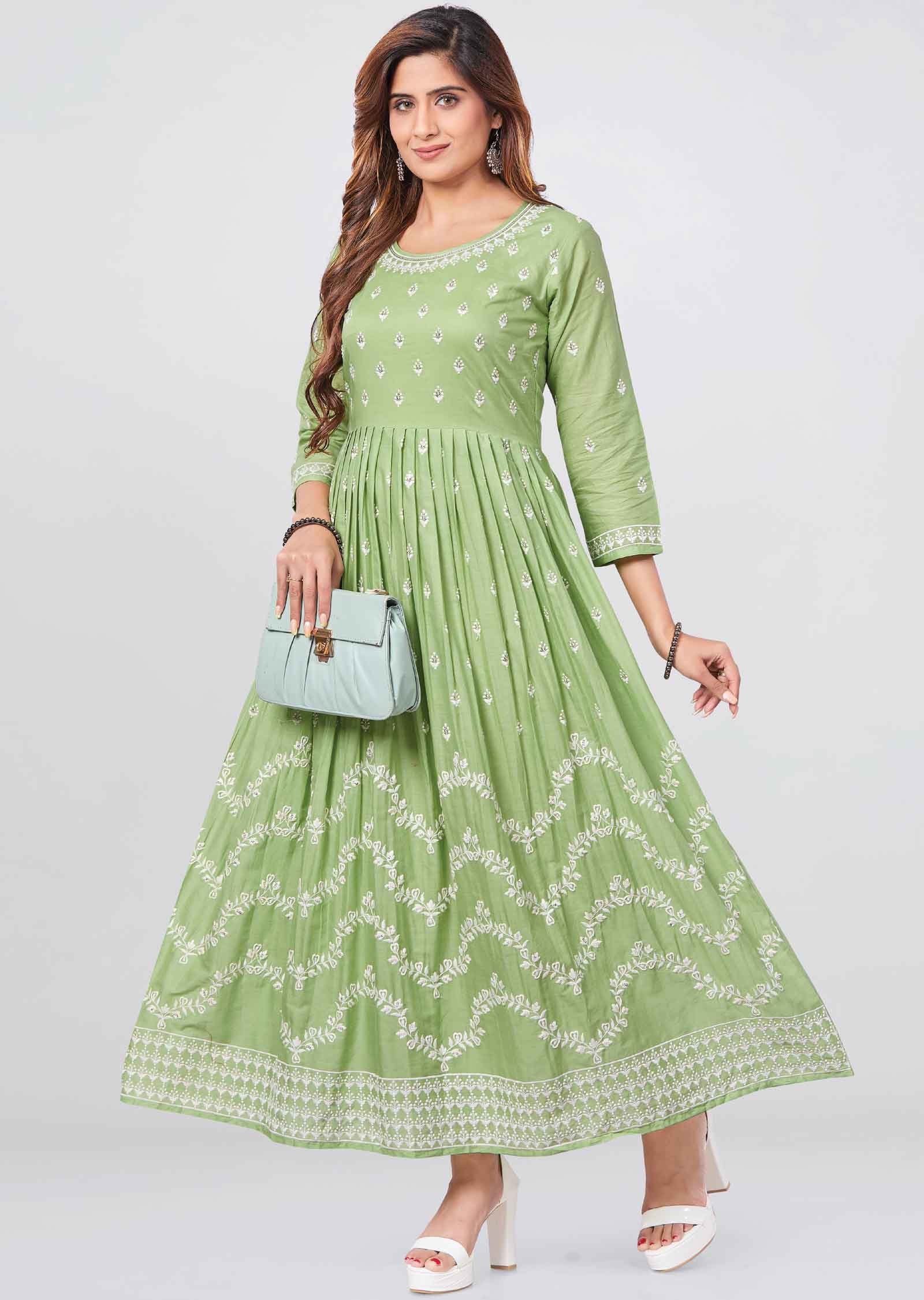 Parrot Green Cotton Sequins Kurti Full legth