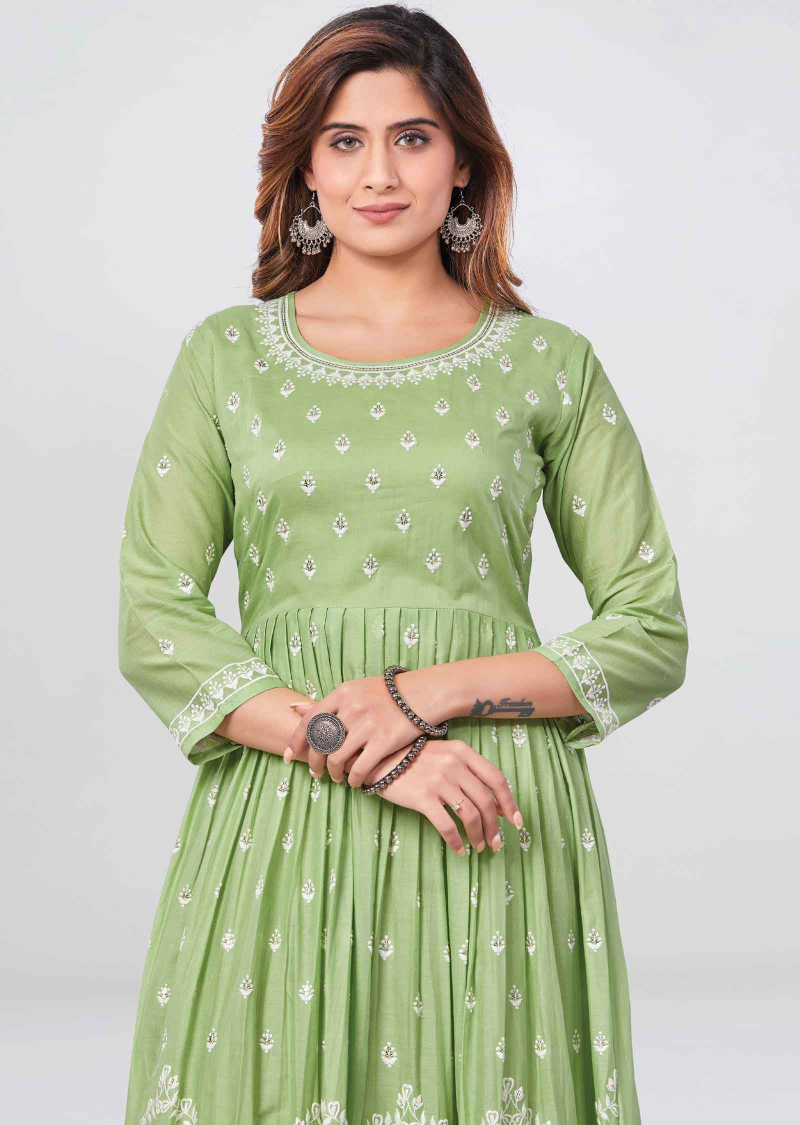 Parrot Green Cotton Sequins Kurti Full legth