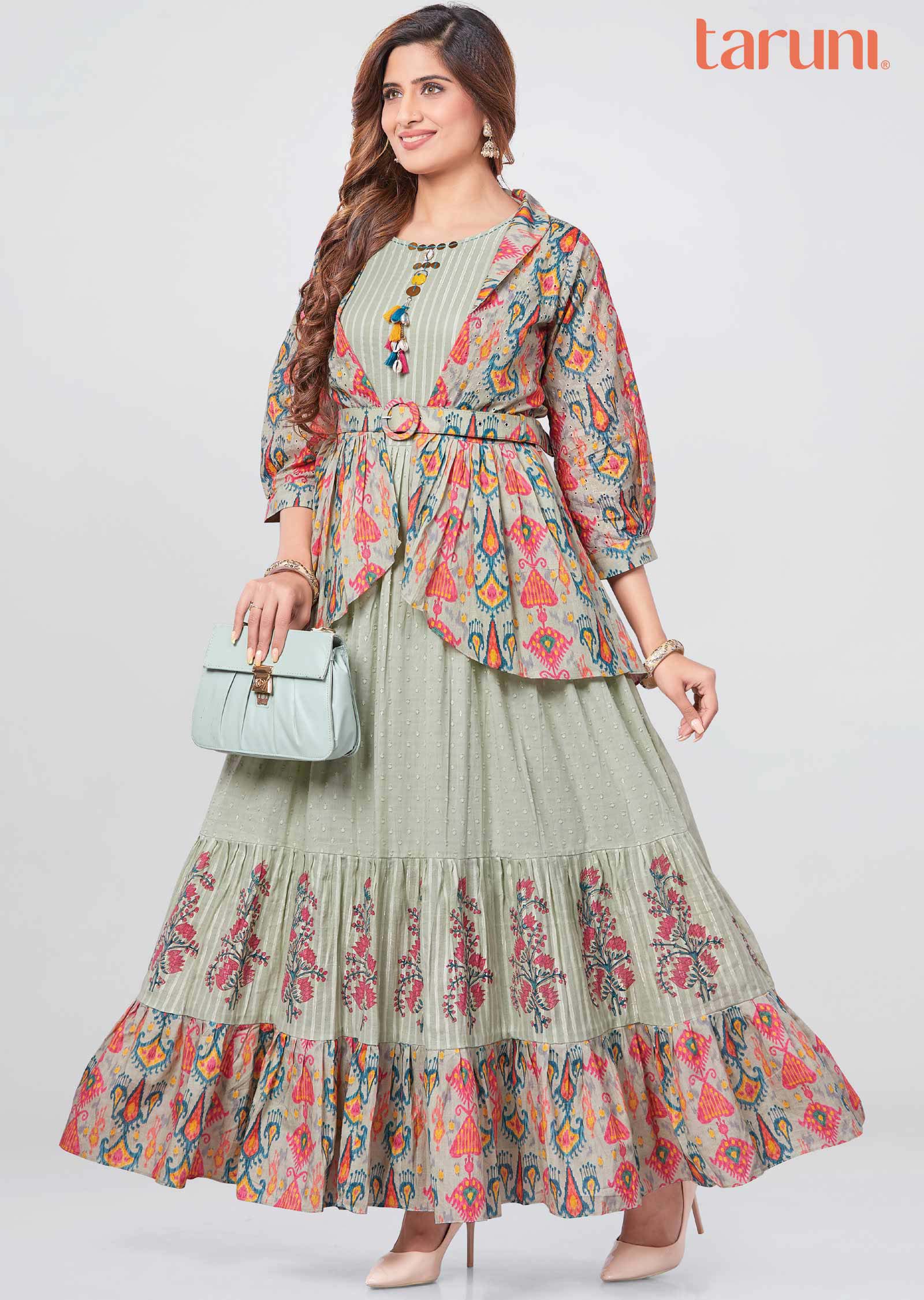 Dusty Green Cotton Printed Kurti Full legth