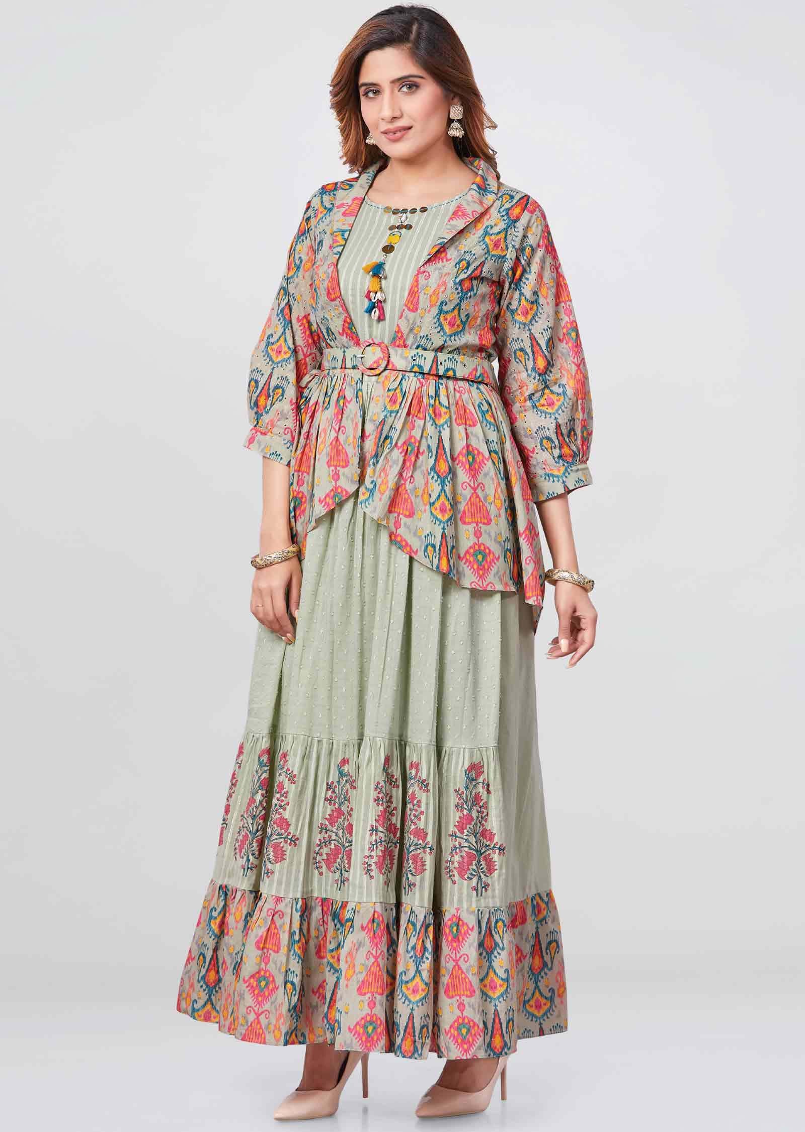 Dusty Green Cotton Printed Kurti Full legth