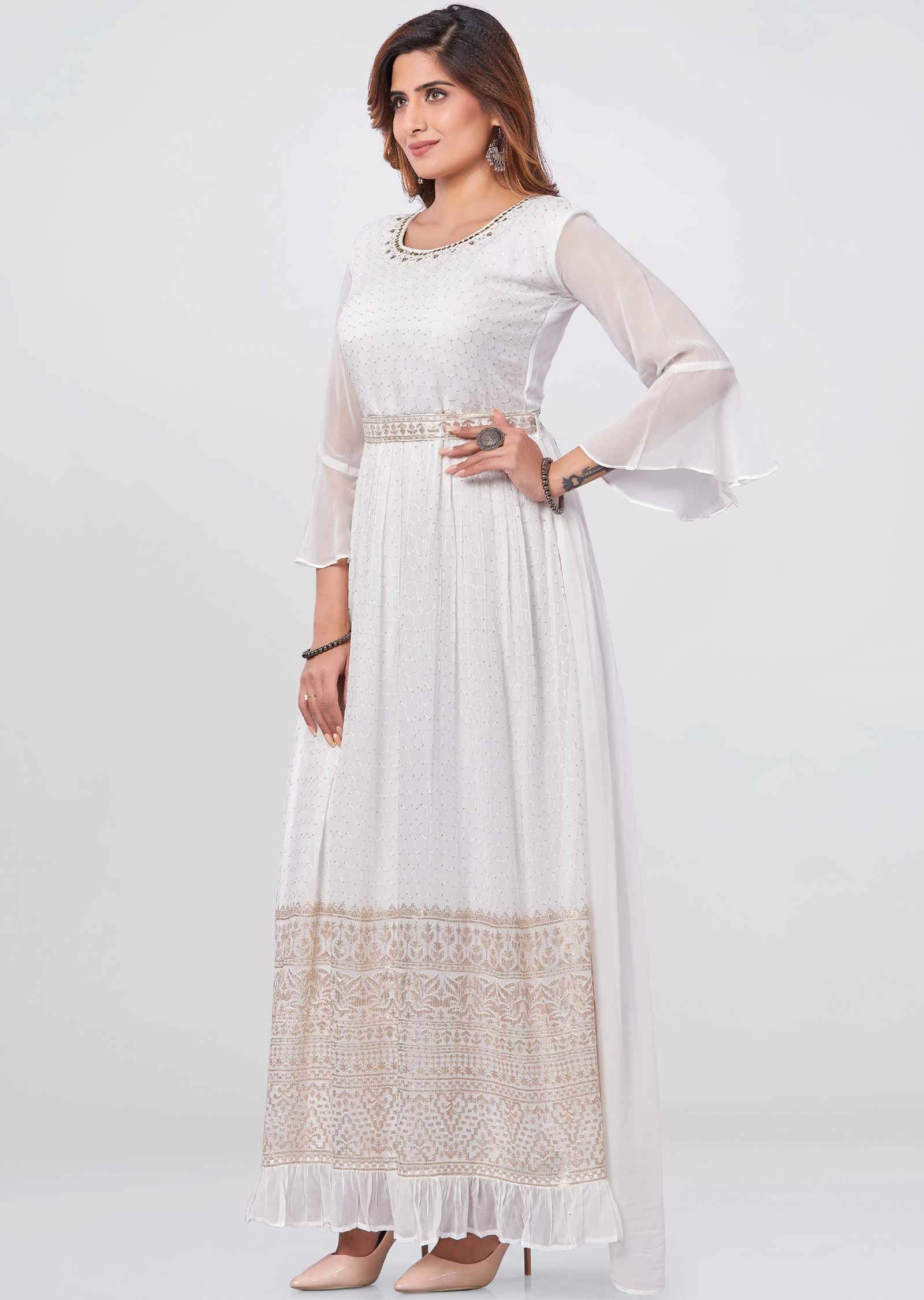 Off White Georgette Sequins Kurti Full legth