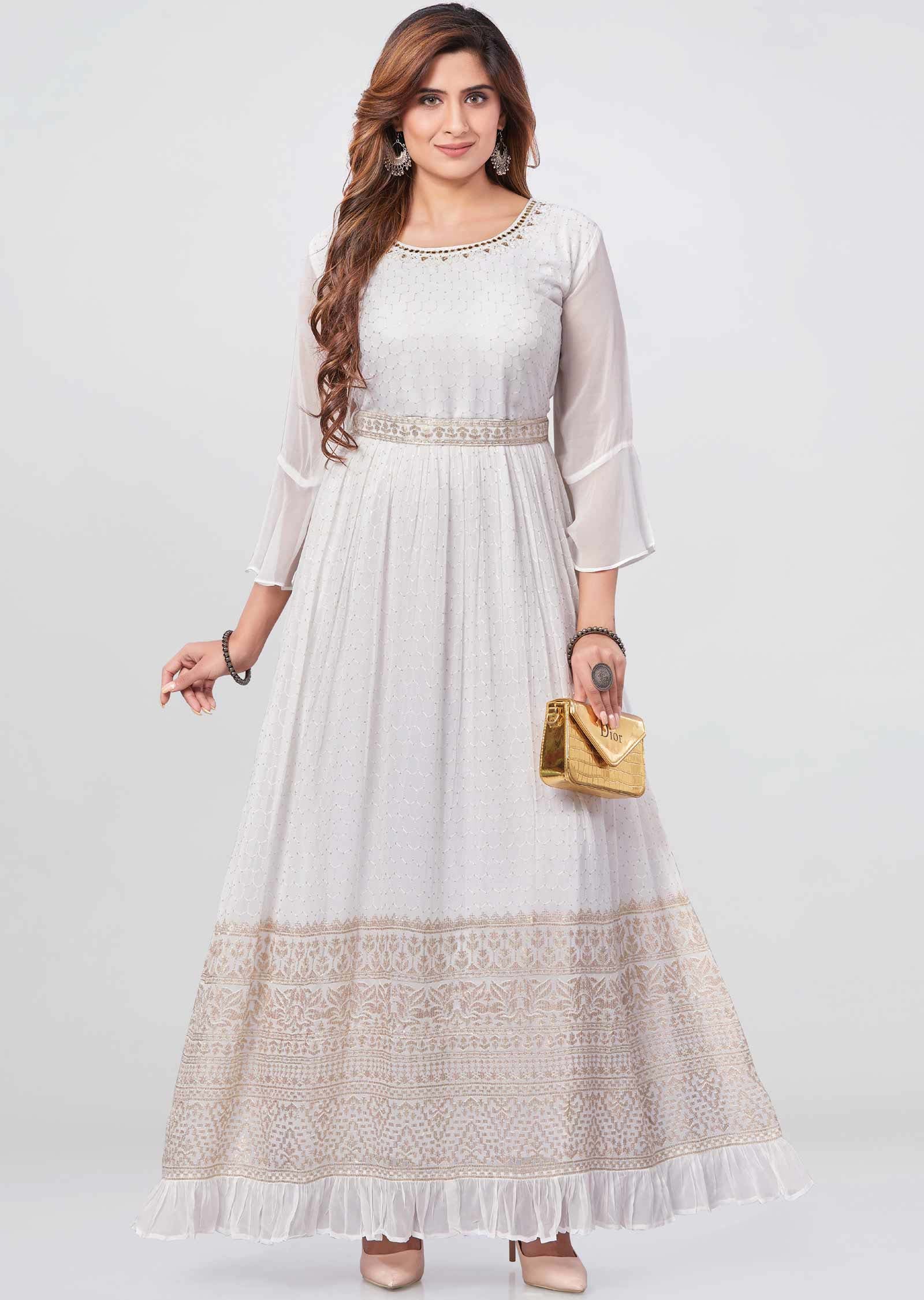 Off White Georgette Sequins Kurti Full legth