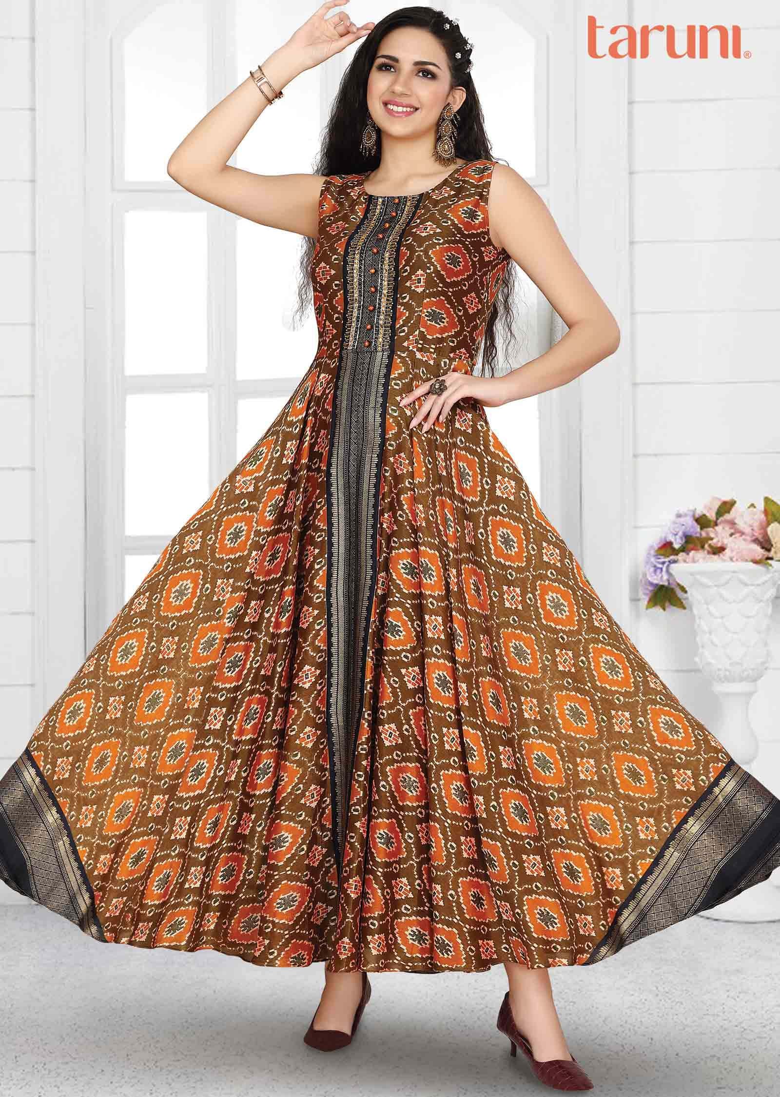 Brown & Orange Silk Printed Kurti