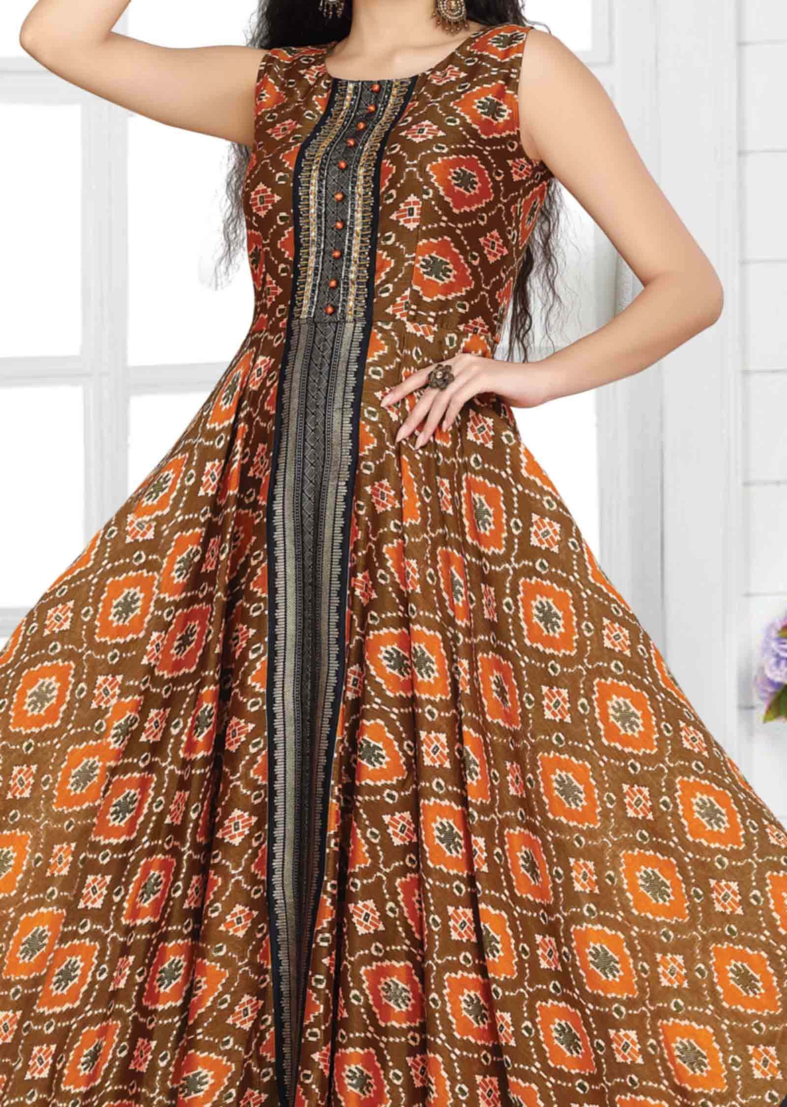 Brown & Orange Silk Printed Kurti