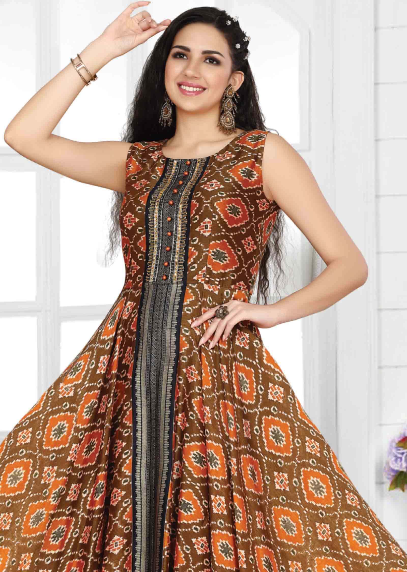 Brown & Orange Silk Printed Kurti