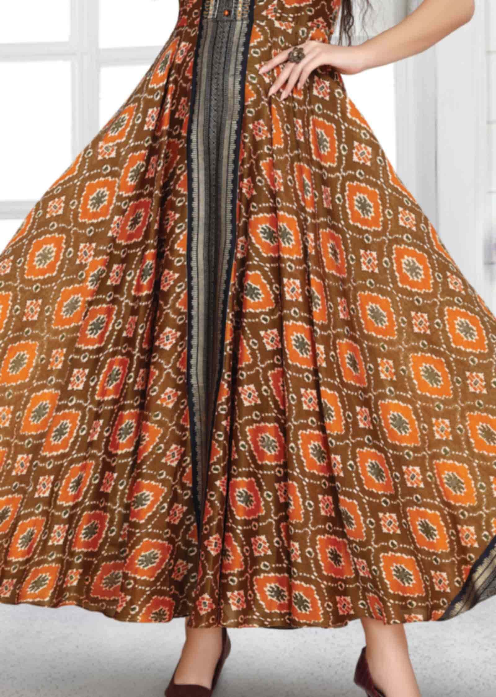 Brown & Orange Silk Printed Kurti