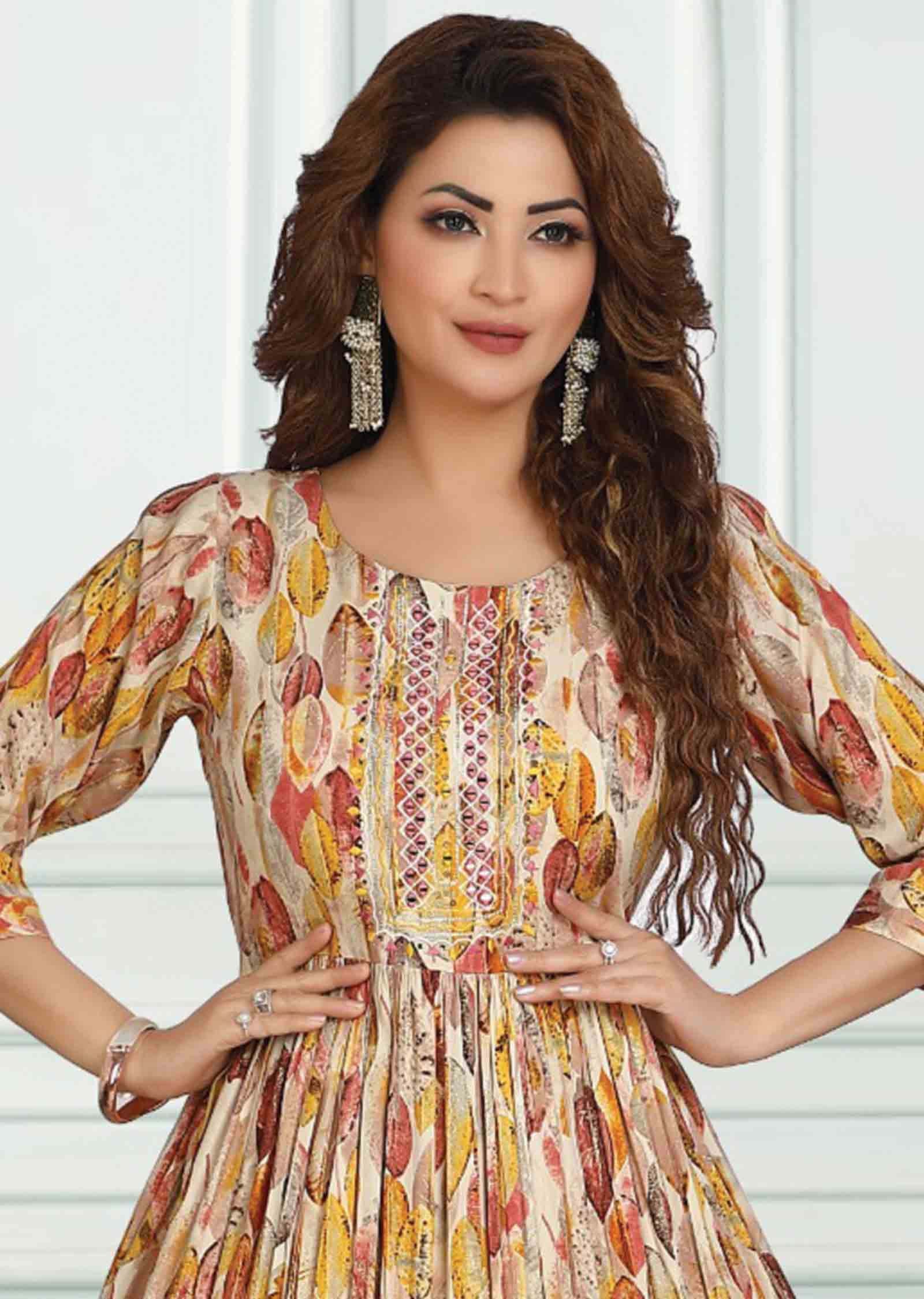 Cream Reyon Printed Kurti