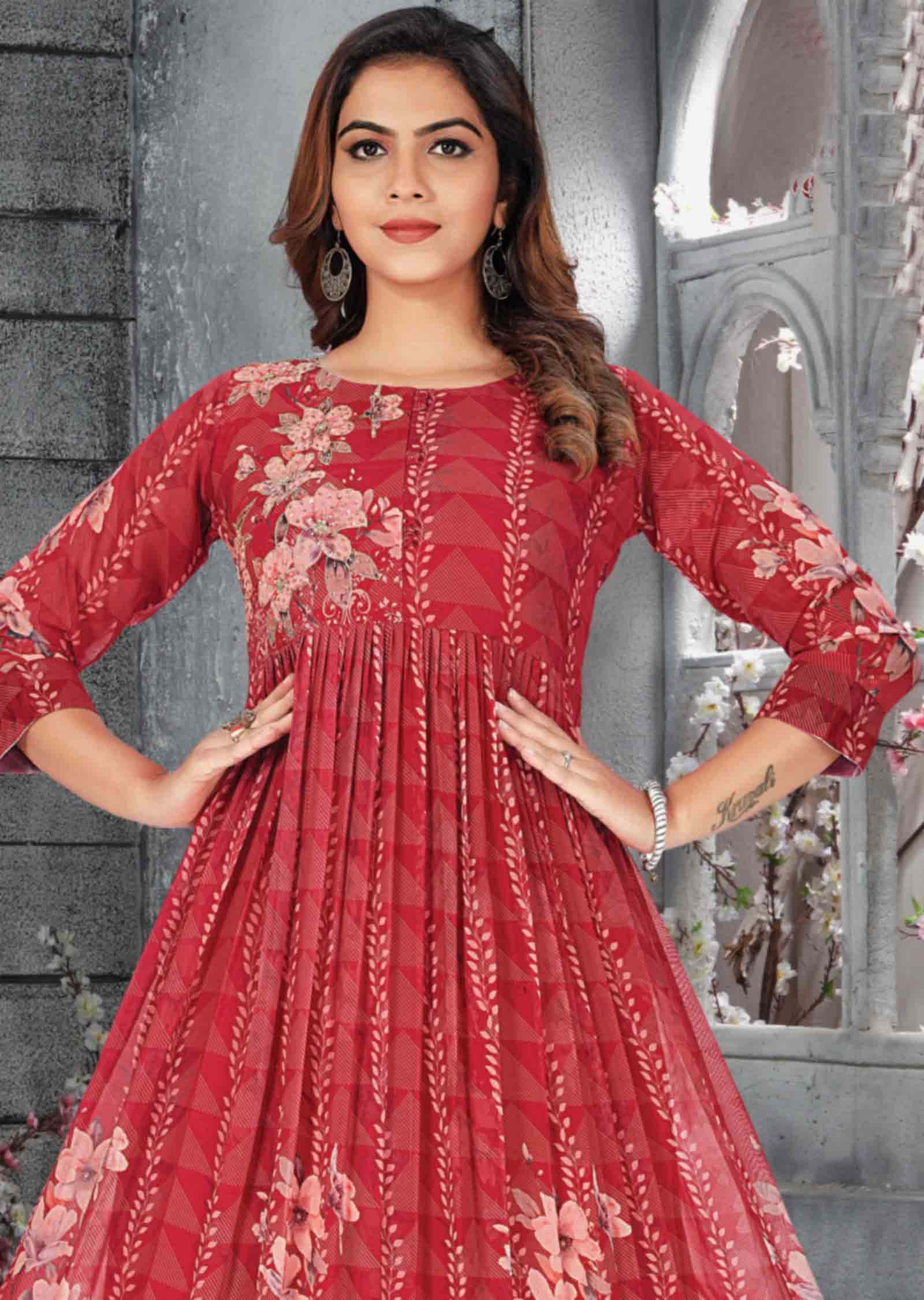 Maroon Georgette Long Frock Style Kurti