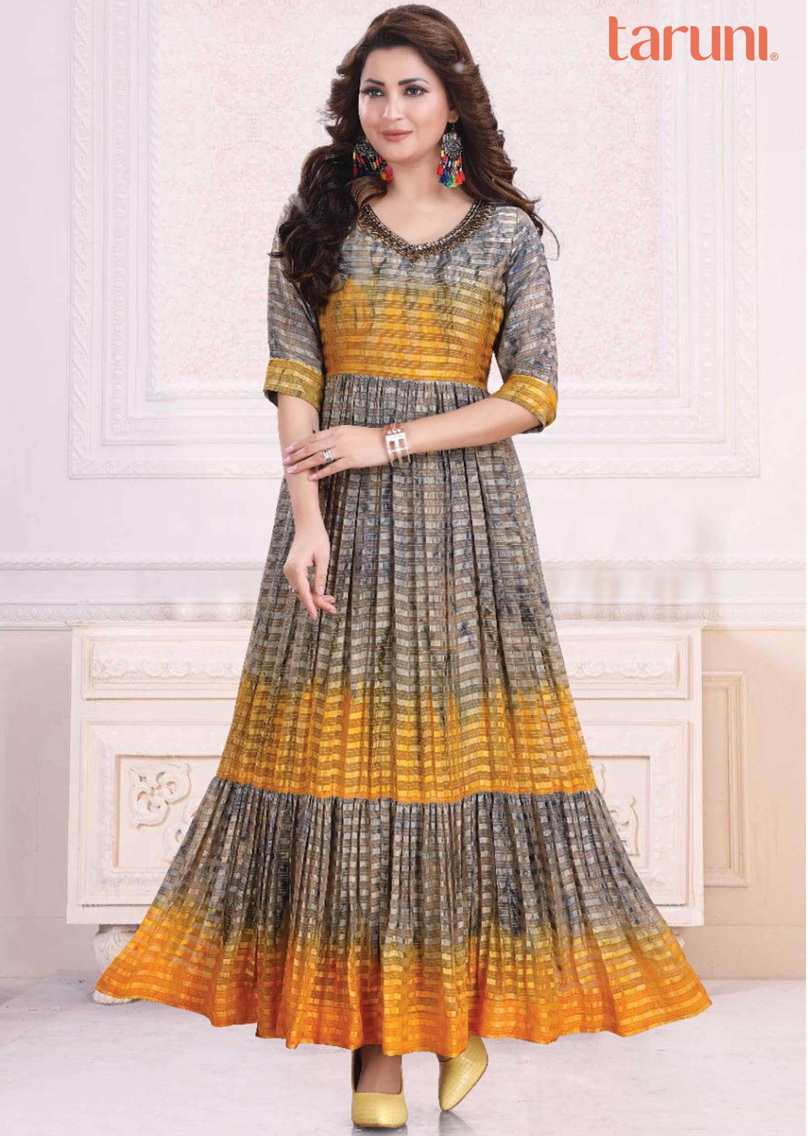 Grey & Yellow Satic chiffon Printed Kurti Full legth