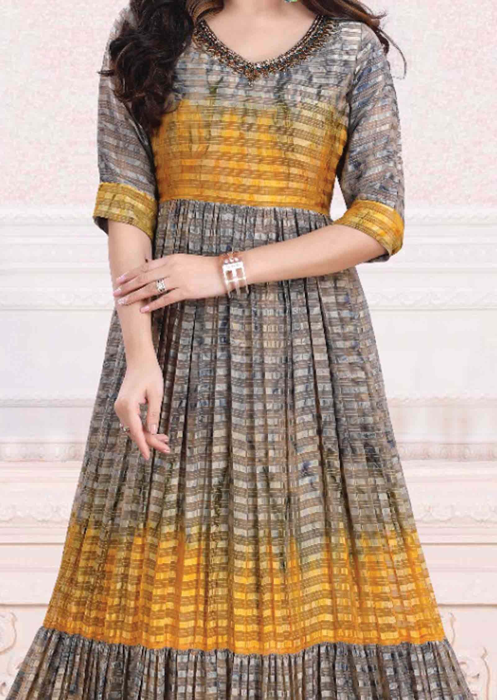 Grey & Yellow Satic chiffon Printed Kurti Full legth