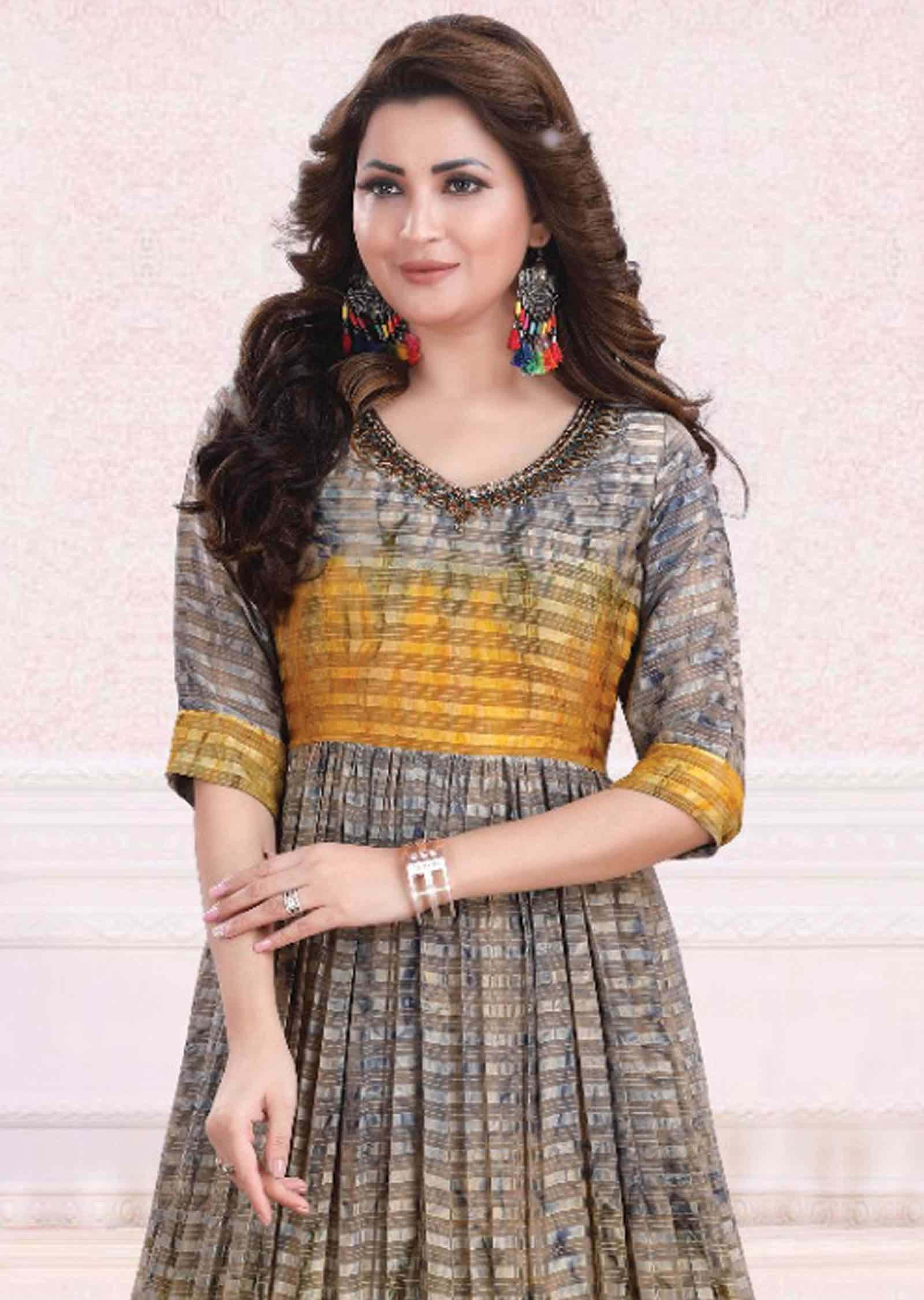 Grey & Yellow Satic chiffon Printed Kurti Full legth