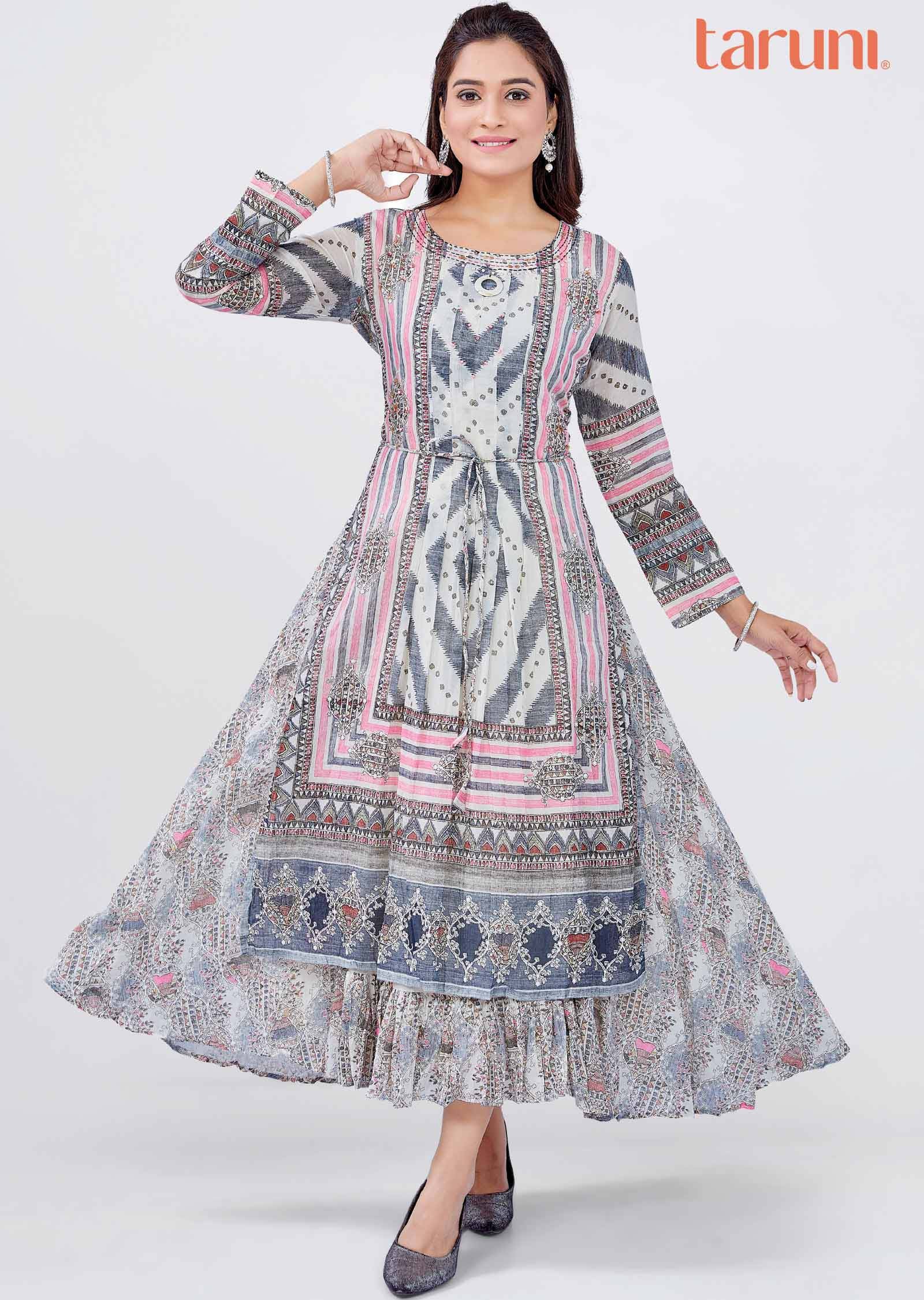 Off White Cotton Embroidered Kurti Full legth