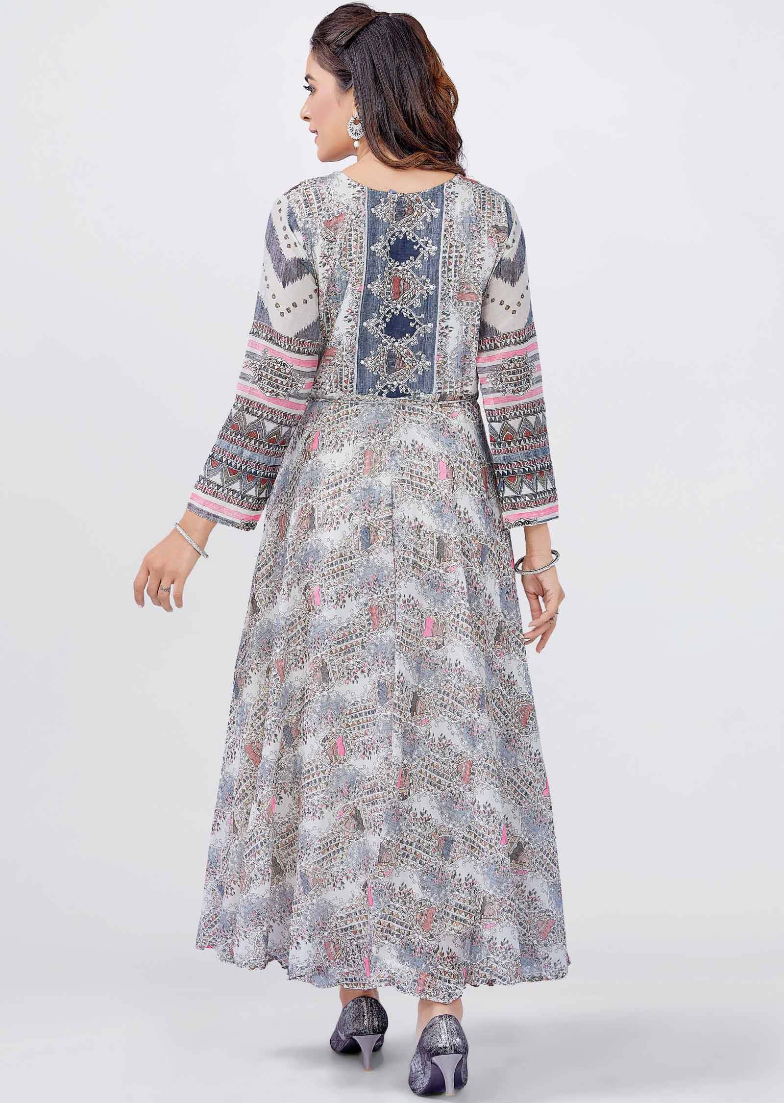 Off White Cotton Embroidered Kurti Full legth