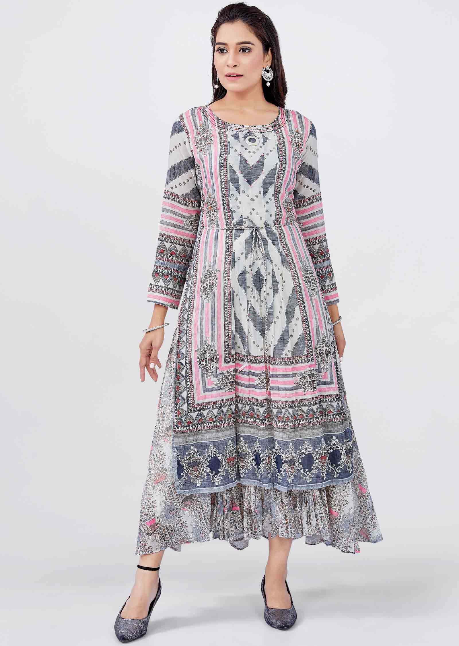 Off White Cotton Embroidered Kurti Full legth