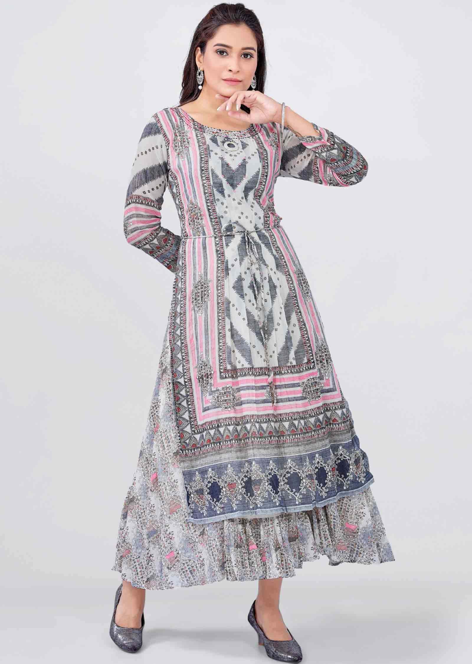 Off White Cotton Embroidered Kurti Full legth