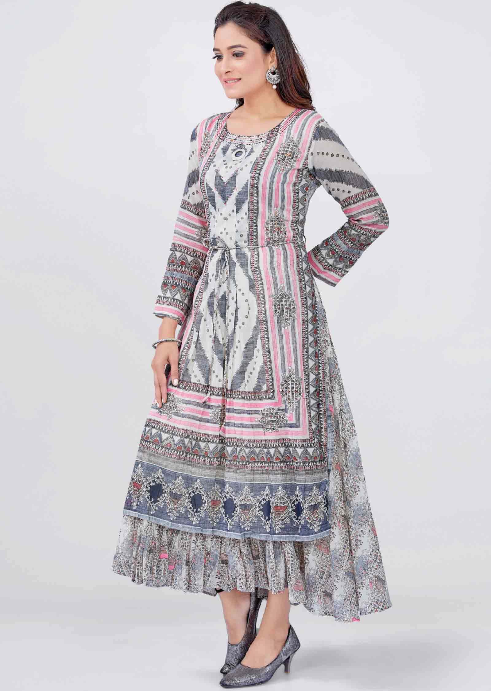 Off White Cotton Embroidered Kurti Full legth