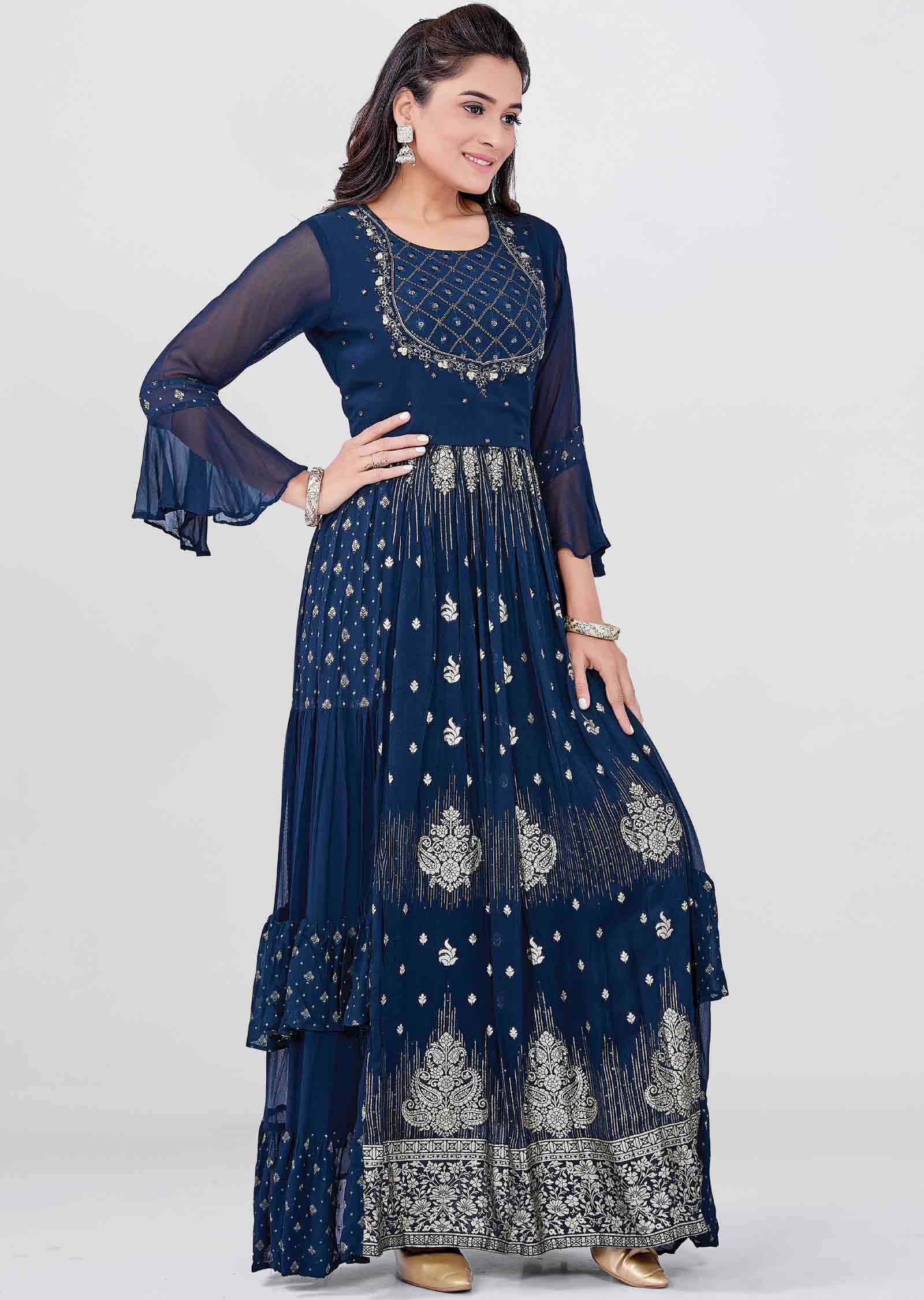 Teal Banaras Georgette Kurti Full Length