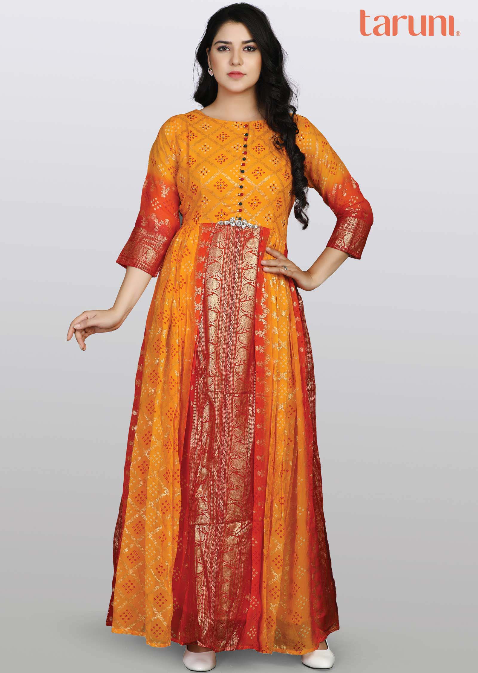 Yellow/Red Chiffon Printed Kurti Full legth