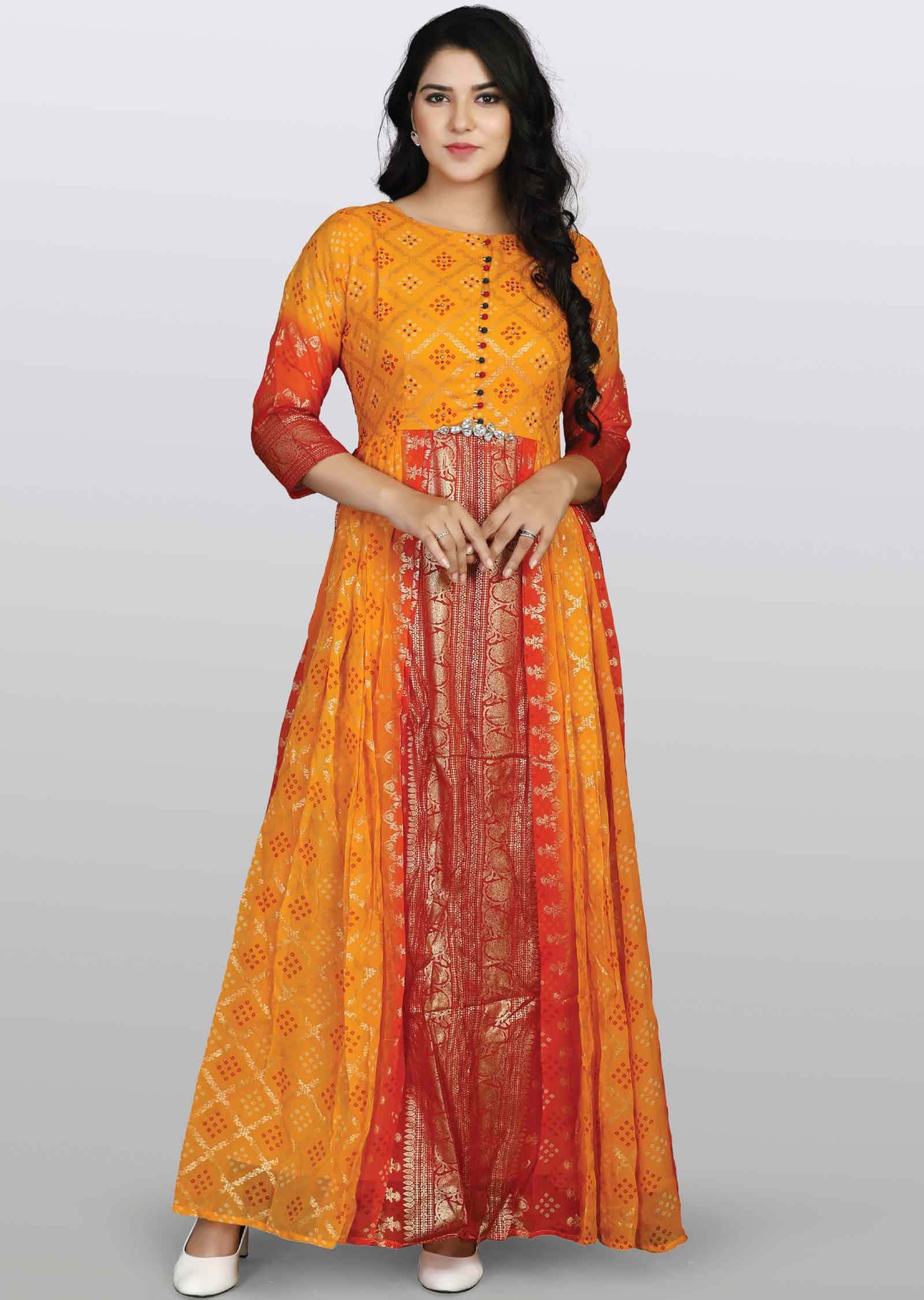 Yellow/Red Chiffon Printed Kurti Full legth