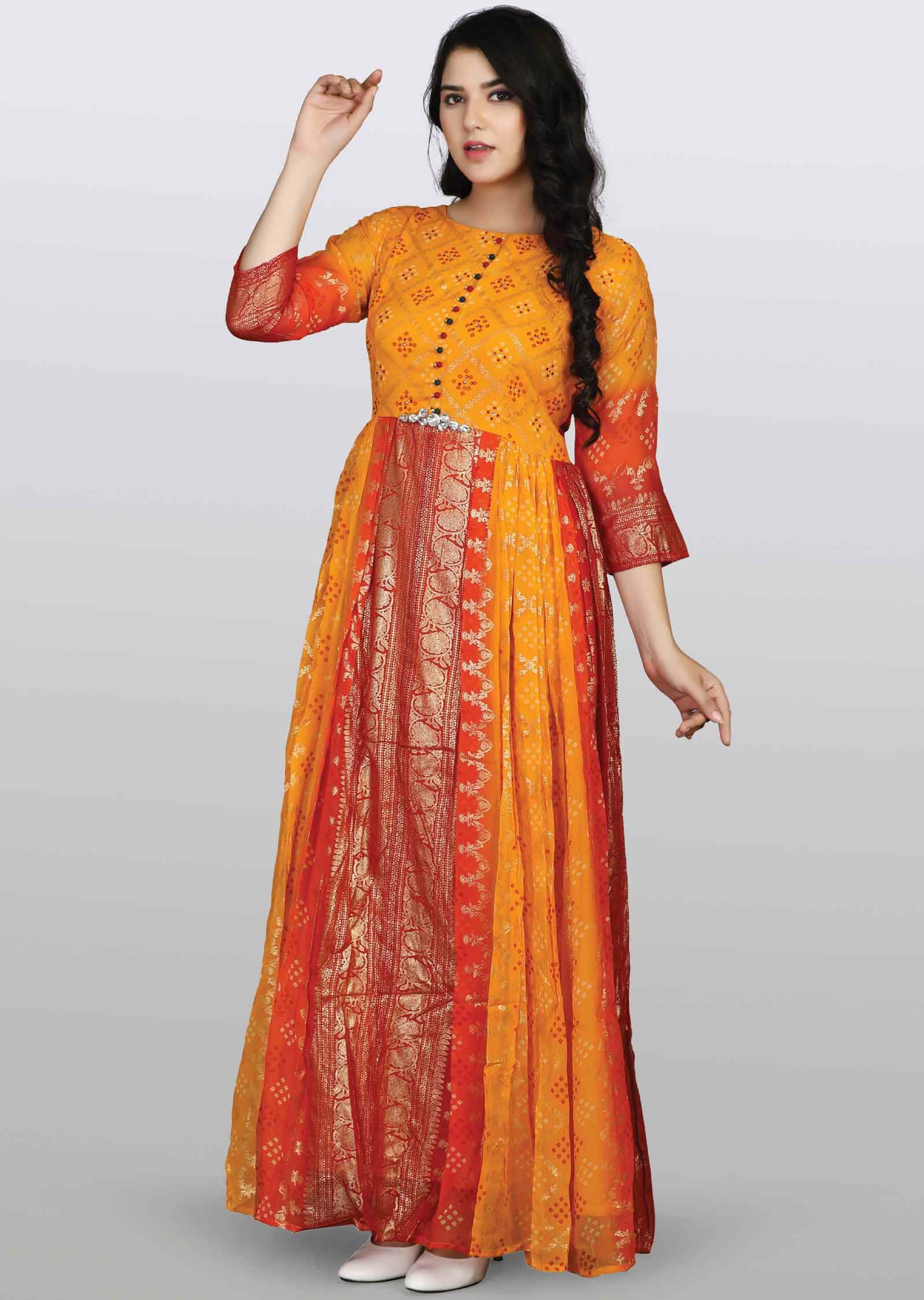 Yellow/Red Chiffon Printed Kurti Full legth