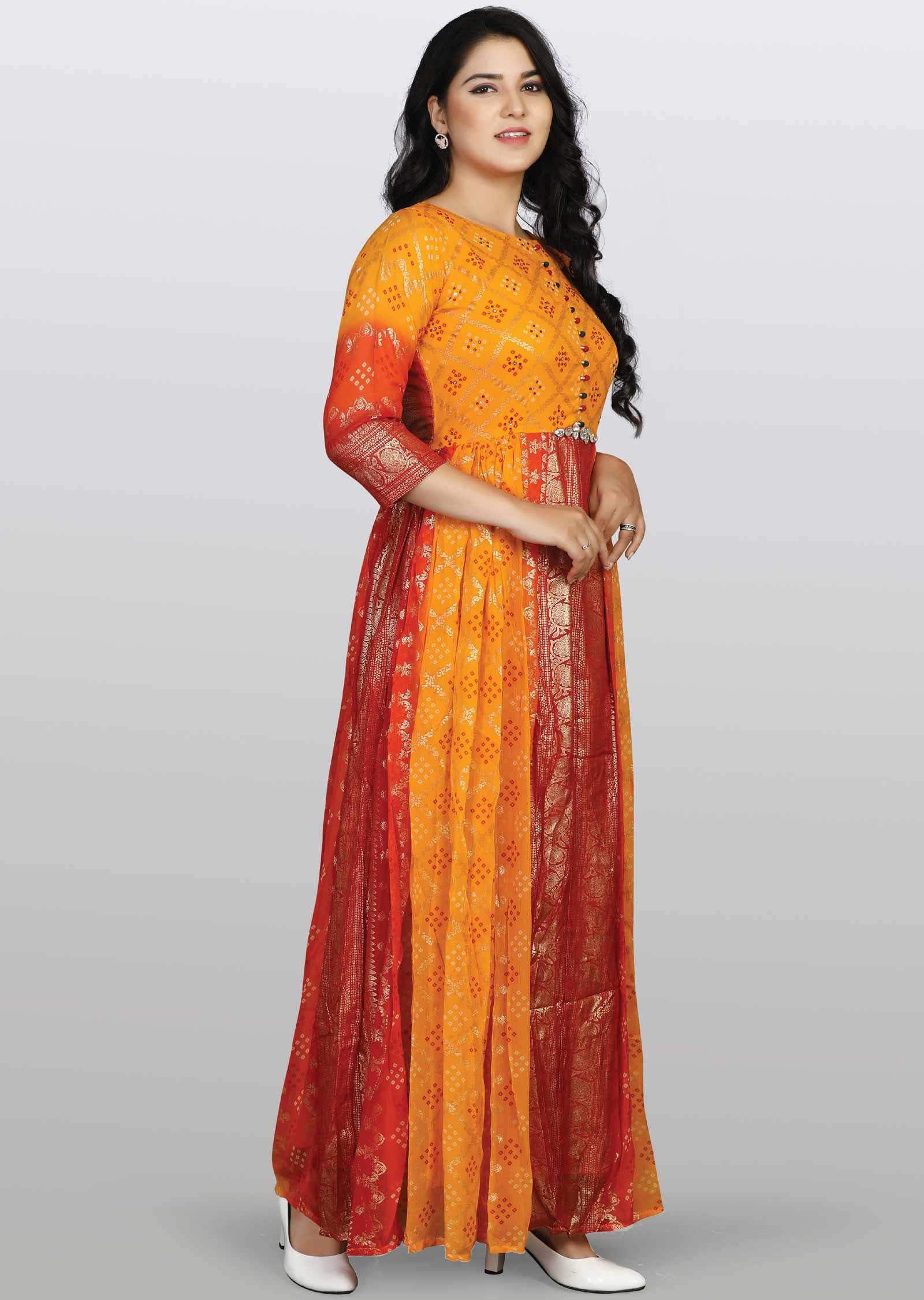 Yellow/Red Chiffon Printed Kurti Full legth