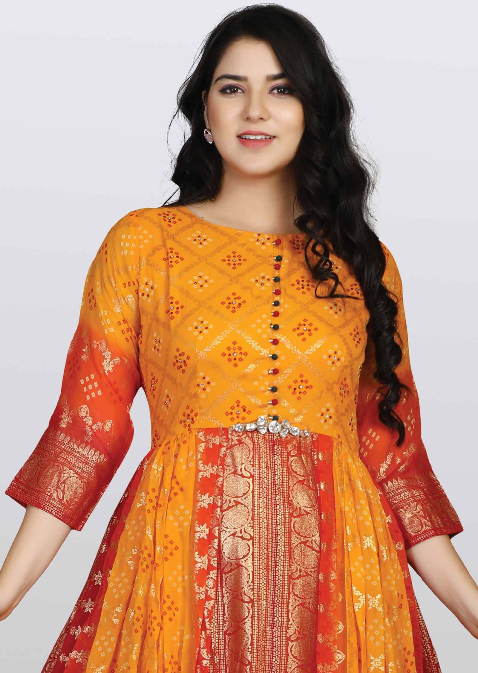 Yellow/Red Chiffon Printed Kurti Full legth