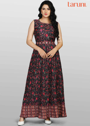 Bkack Chinnon Printed Kurti Full legth