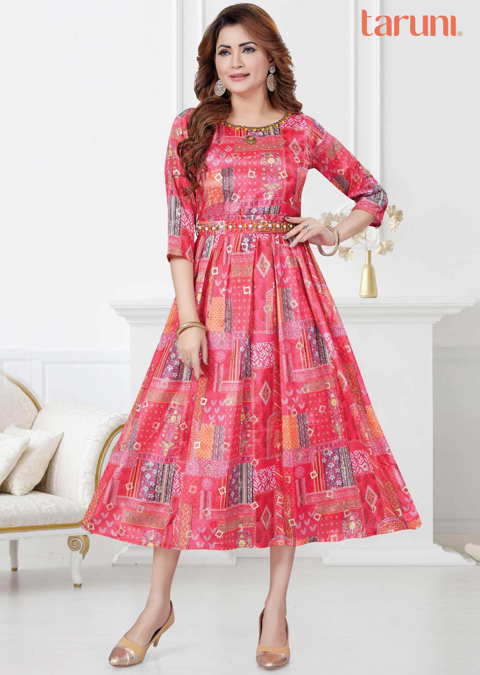 Pink Chinnon Printed Kurti Full legth