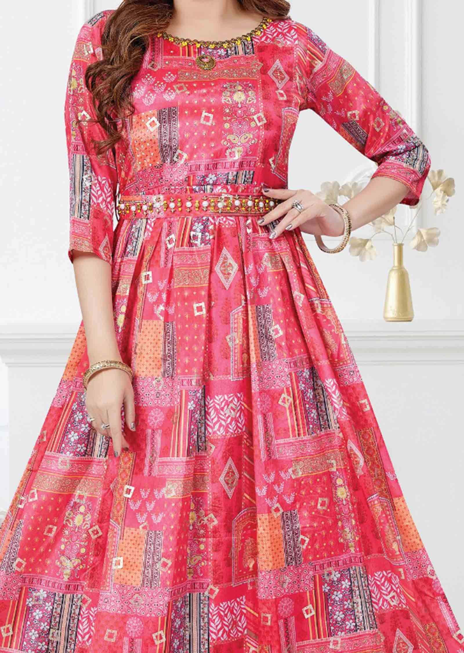 Pink Chinnon Printed Kurti Full legth