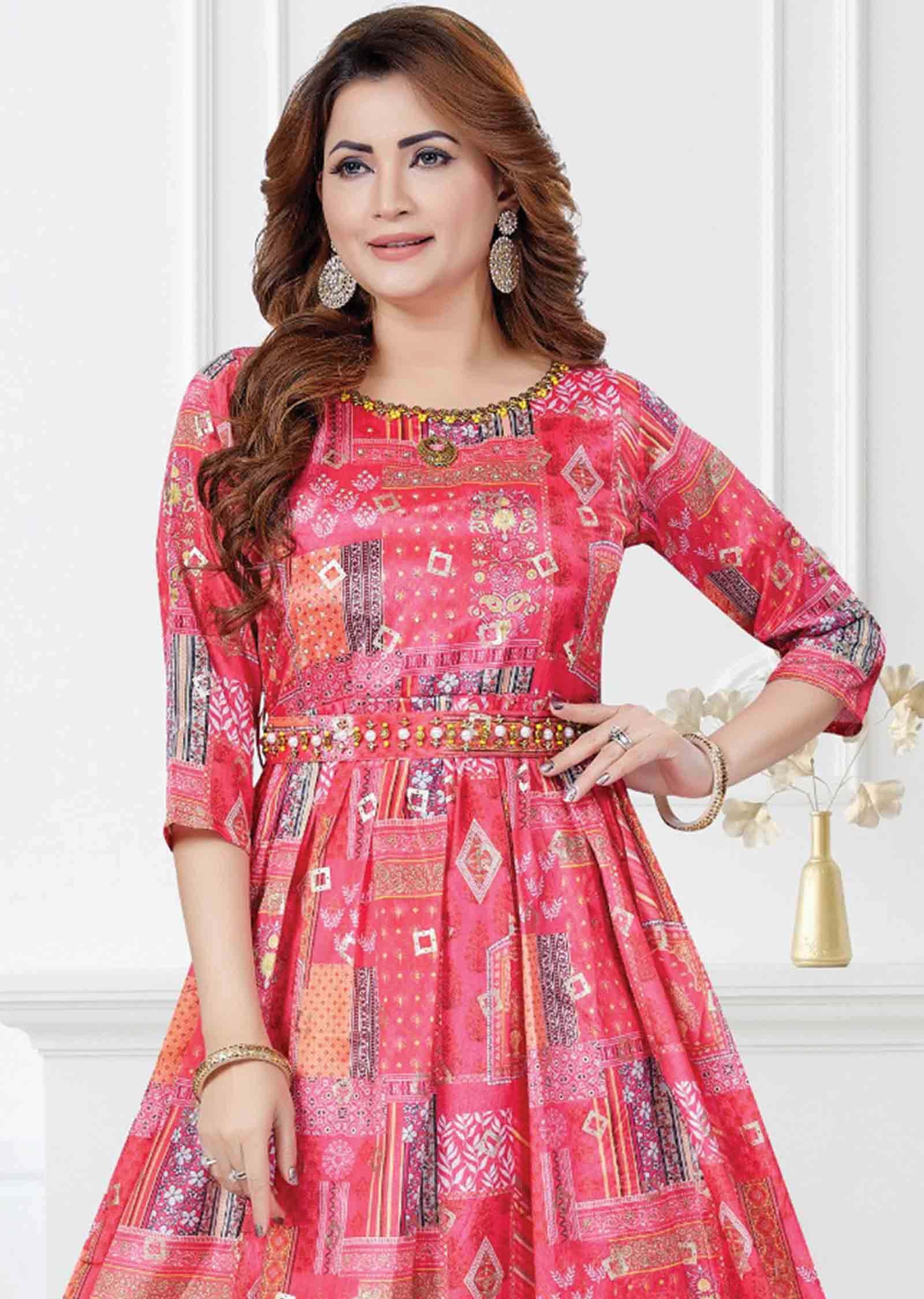 Pink Chinnon Printed Kurti Full legth