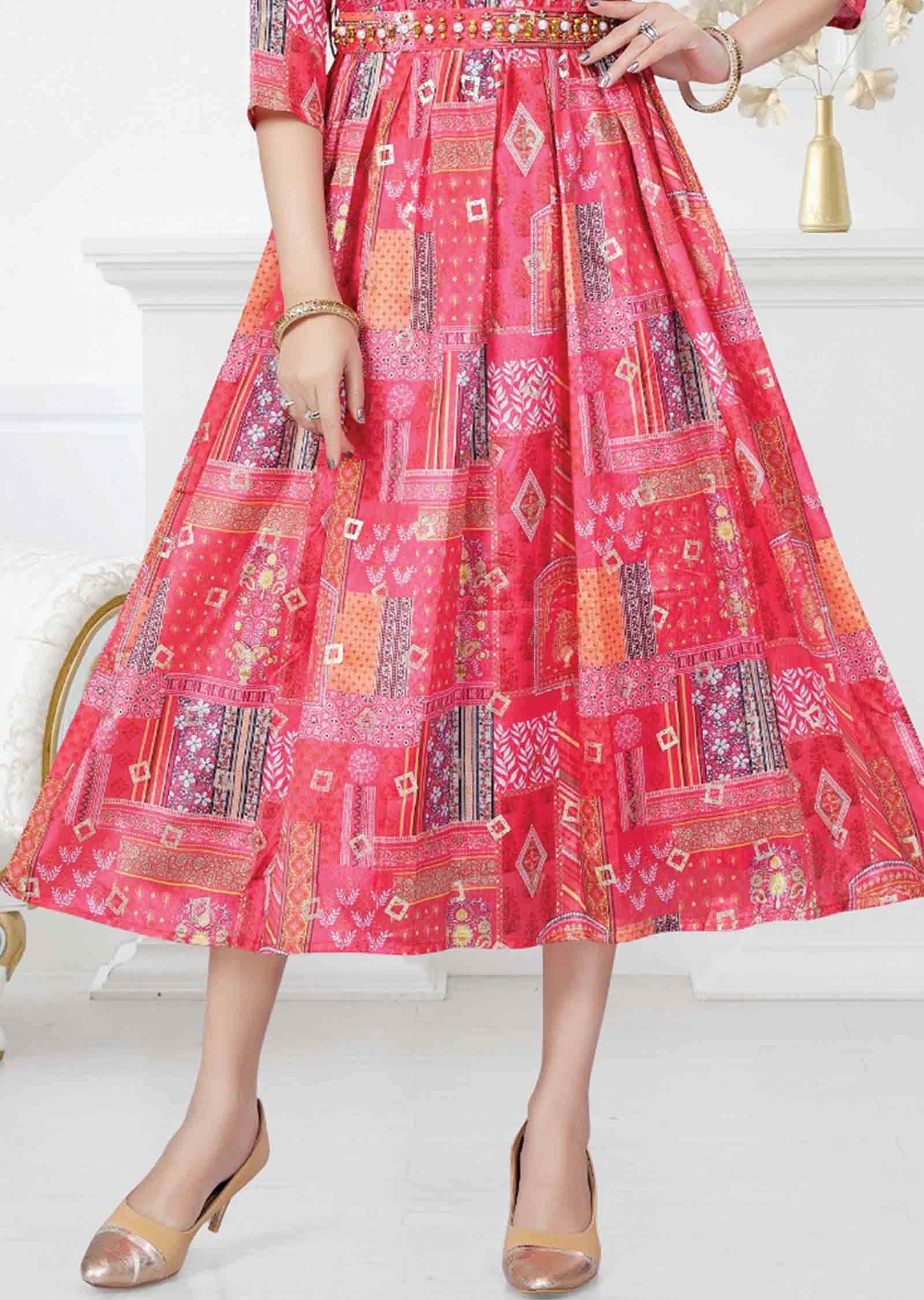 Pink Chinnon Printed Kurti Full legth