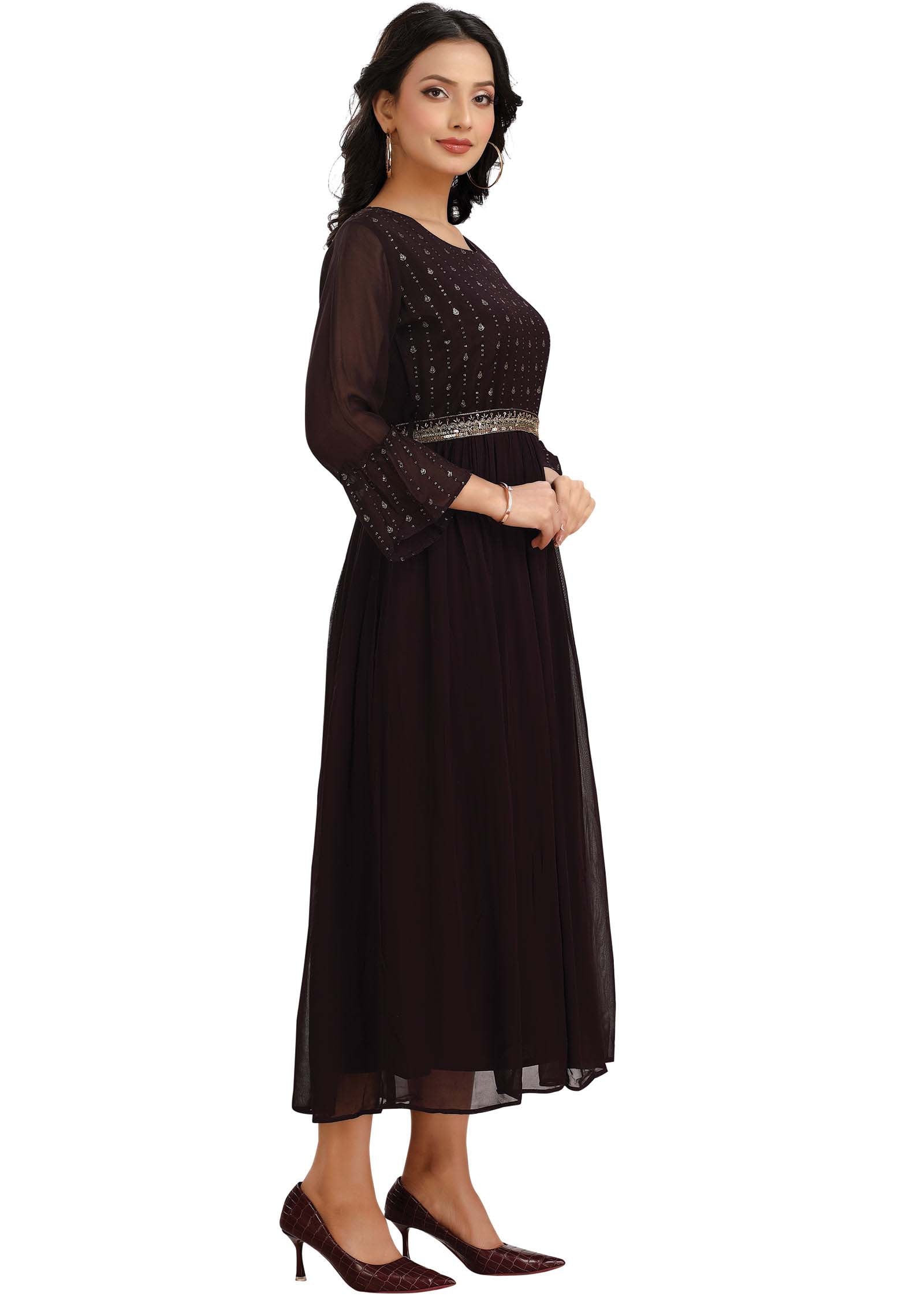 Wine Georgette Embroidered Kurti Full Length