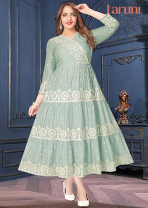 Dusty Green Cotton Mirror work Full Length Kurti