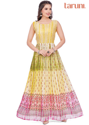 Yellow Georgette Sequins Full Length Kurti