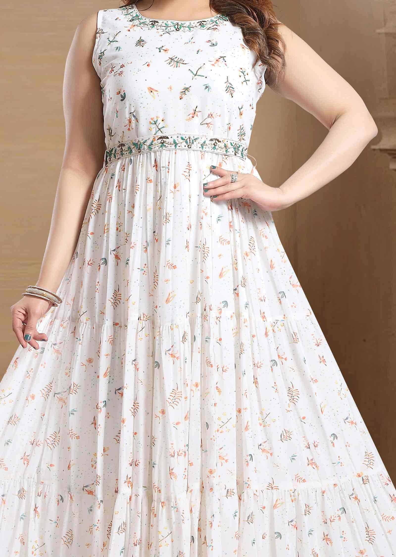 Off White Georgette Printed Full Length Kurti