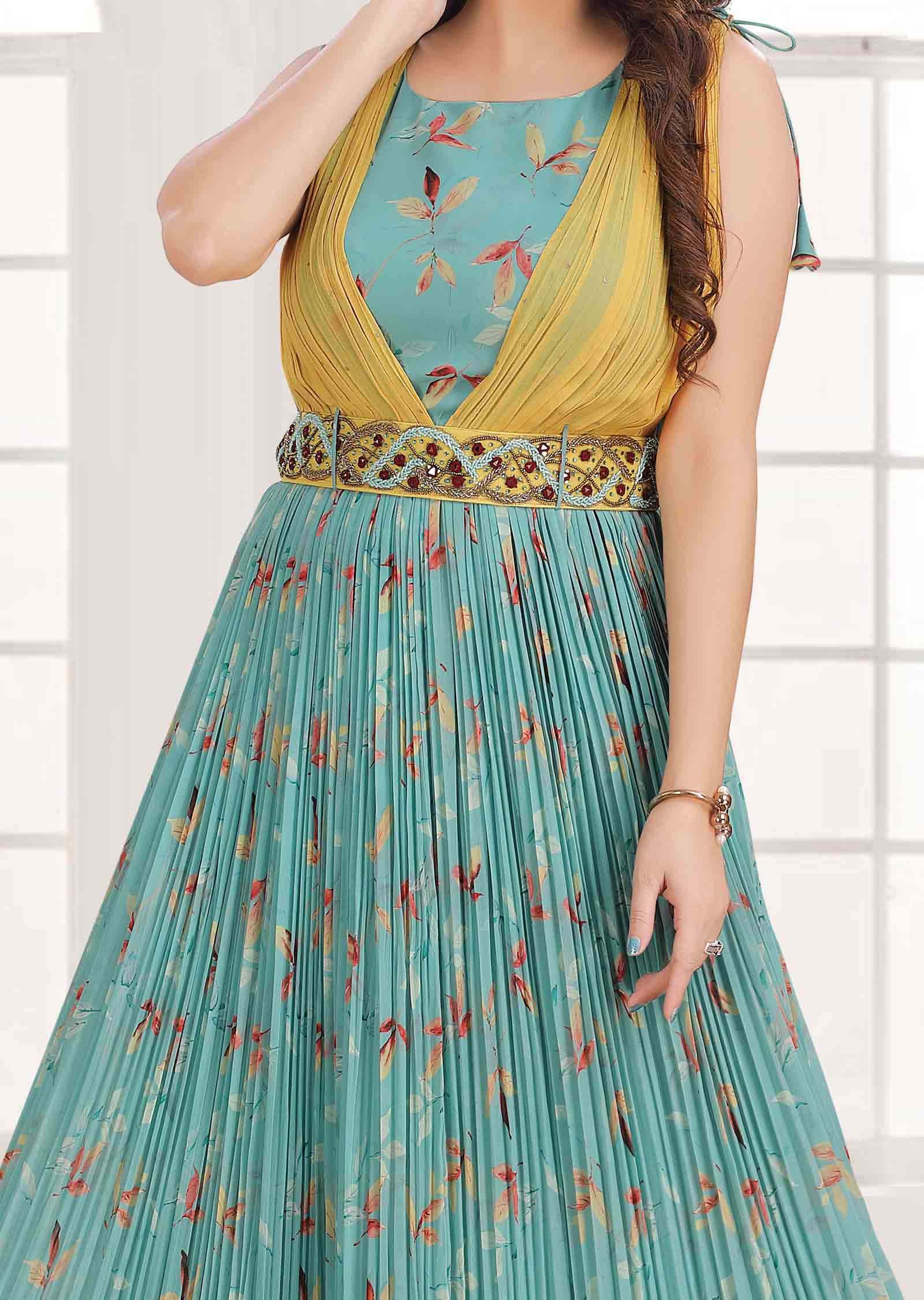 Sea Green Georgette Printed Full Length Kurti