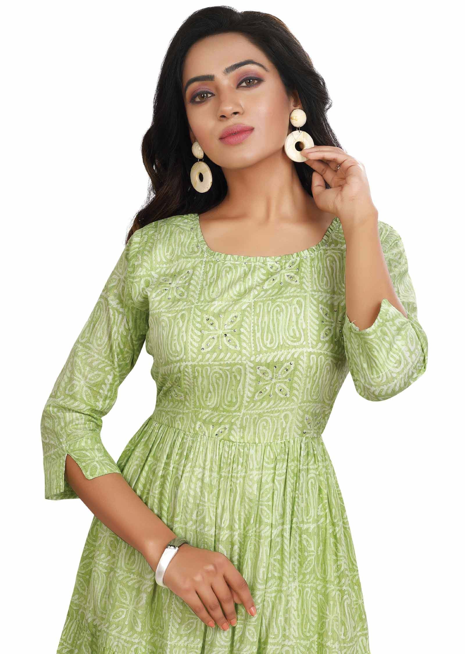 Parrot Green Cotton Sequins Kurti Full legth